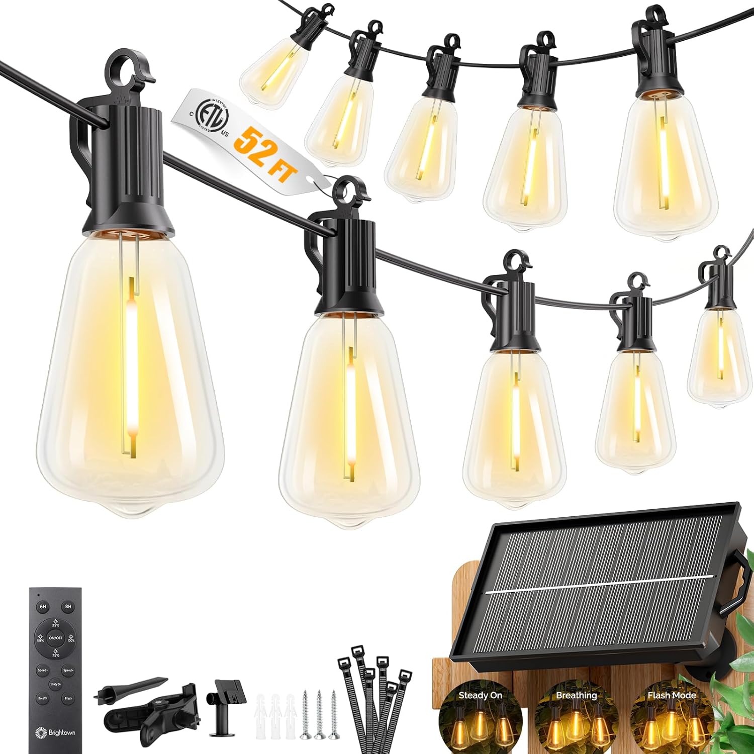 Brightown 52FT Solar String Lights Outdoor Waterproof, Patio Lights with Remote & Timer