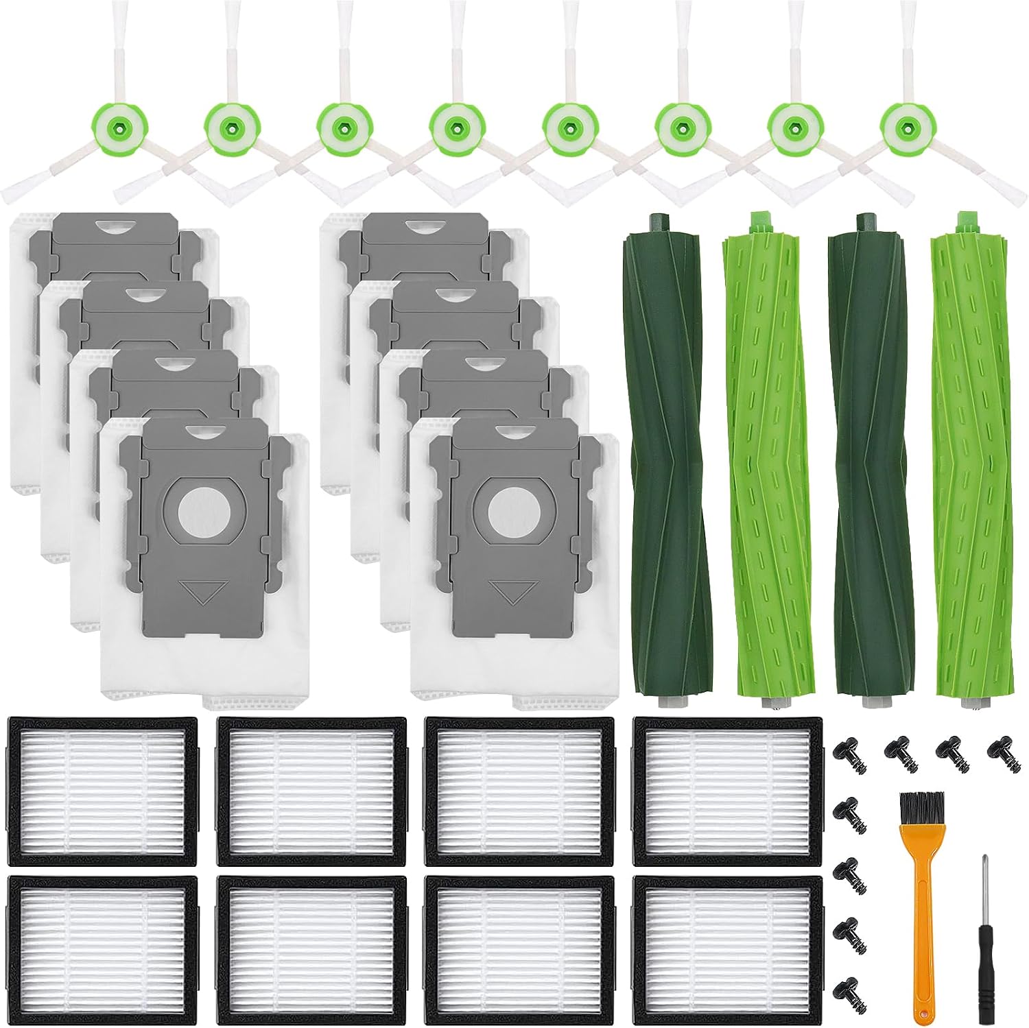 26 Pack Compatible with E/i/j Series Replacement Parts, i2 i3 i3+ i4 i4+ i6 i6+ i7 i7+ i8 i8+/Plus e5 e6, 2 sets of multi-surfacerubber roller brush 8 filters 8 side brushes 8bags