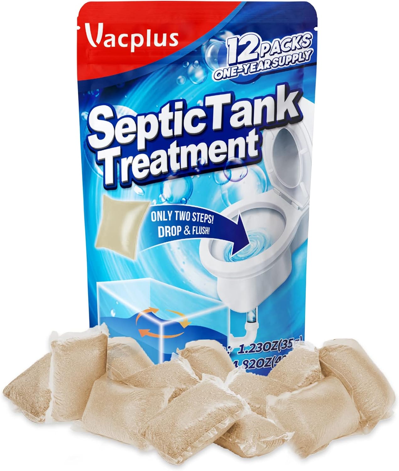 Vacplus Septic Tank Treatment 12 Pcs for 1-Year Supply, Dissolvable Packs with Easy Operation