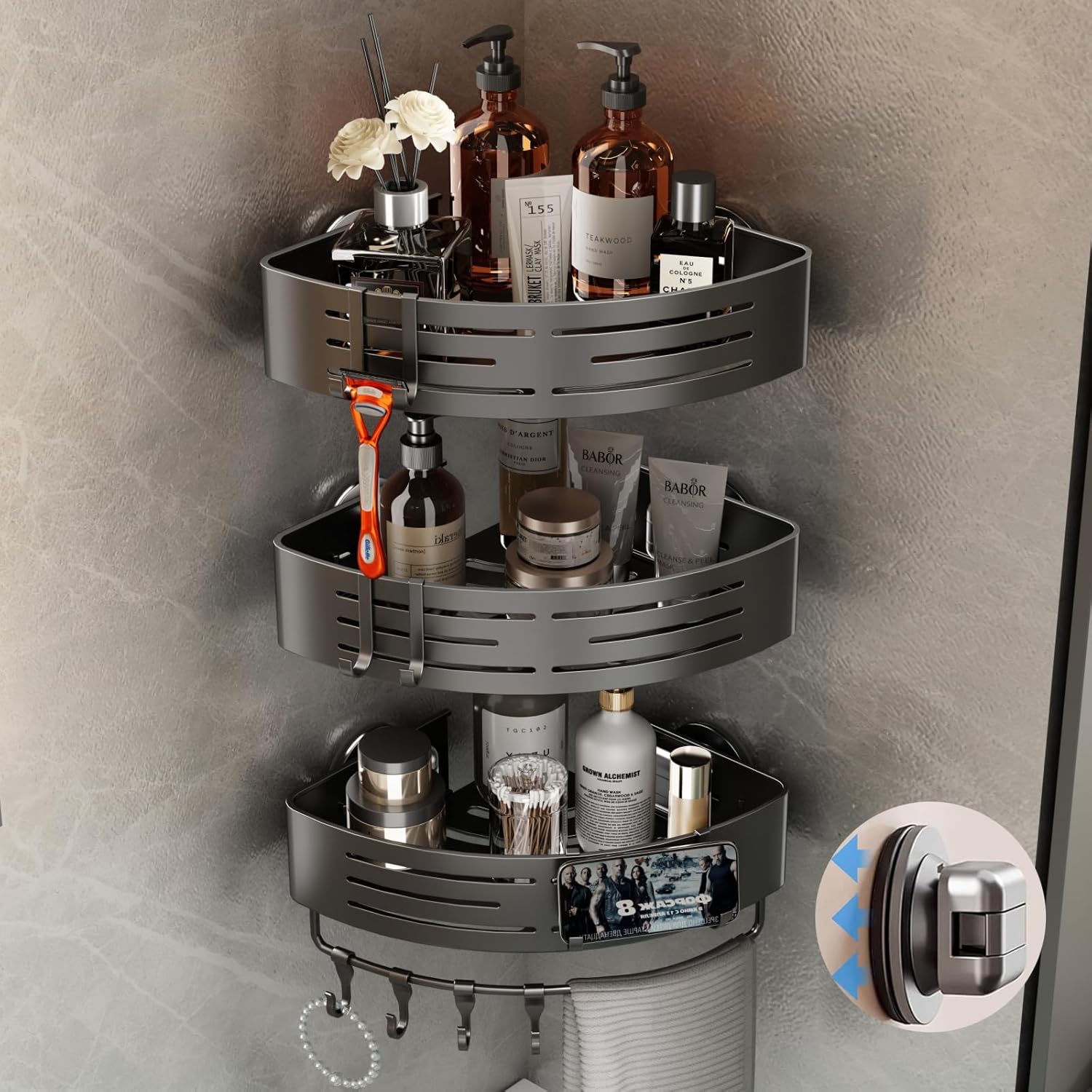 Corner Shower Caddy Suction Cup, Corner Shower Shelves No Drilling, Aluminum Upgrade Suction Cup Shower Organizer with Towel Bar & Hooks Removable Bathroom Storage Rack(3 Pack,Gray)