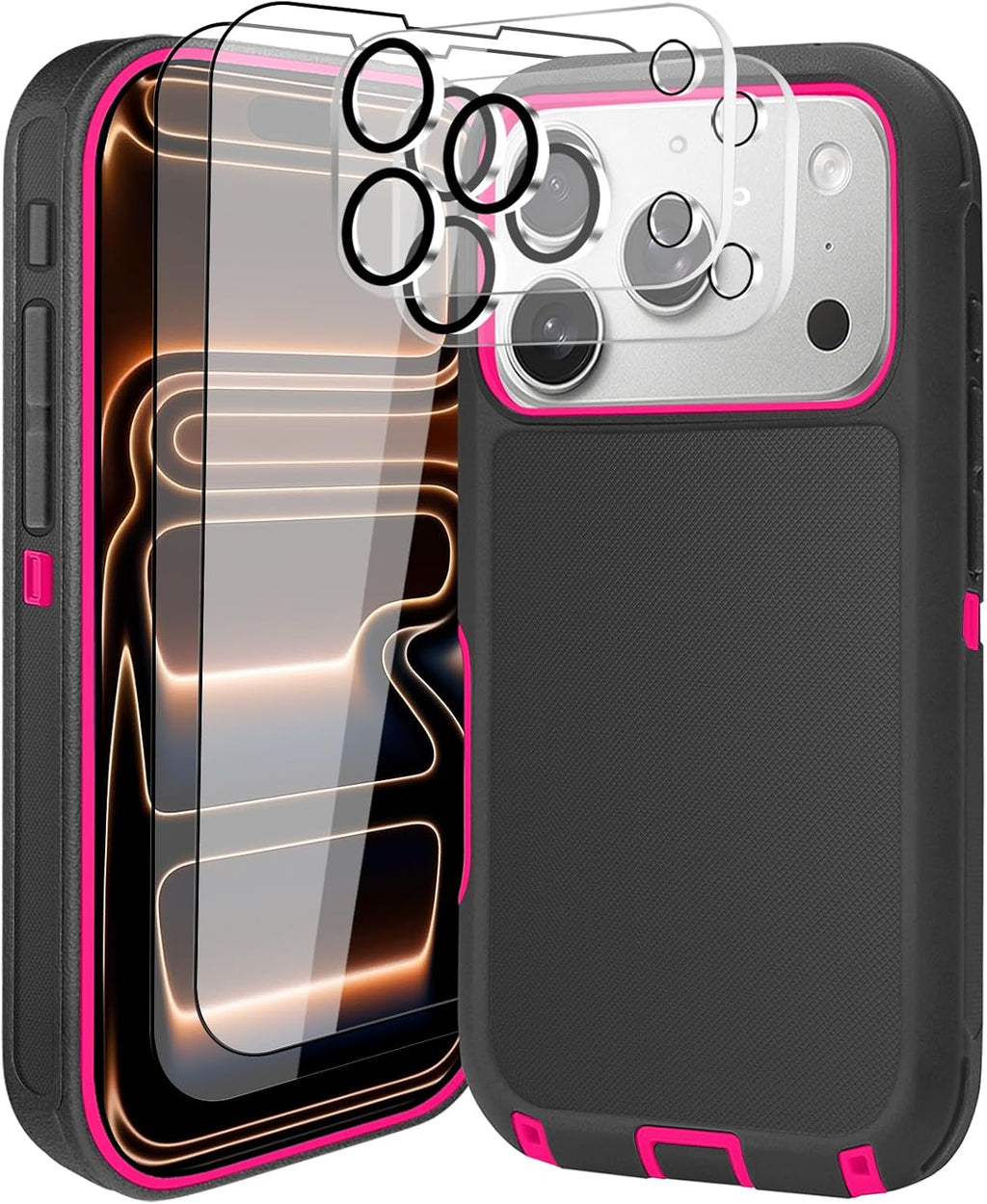 DHCALL for iPhone 17 Pro Case (6.3"), with 2 Tempered Glass Screen Protector [Heavy Duty Military-Grade Full Body Drop Protection] Shockproof Tough Durable 6.3 Inch BlackRose+Lens