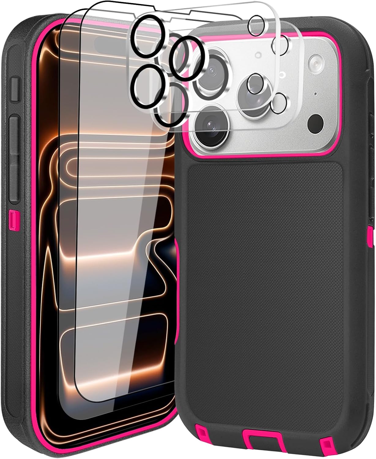 DHCALL for iPhone 17 Pro Case (6.3"), with 2 Tempered Glass Screen Protector [Heavy Duty Military-Grade Full Body Drop Protection] Shockproof Tough Durable 6.3 Inch BlackRose+Lens
