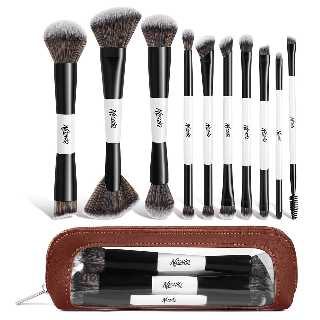 NEONIQ 10 PCS Travel Makeup Brush Set With Bag, Makeup Brushes, Double-End Multi-functional Brushes for Foundation Powder Blush Eyeliner Eyeshadows, Professional Face Brush Set White