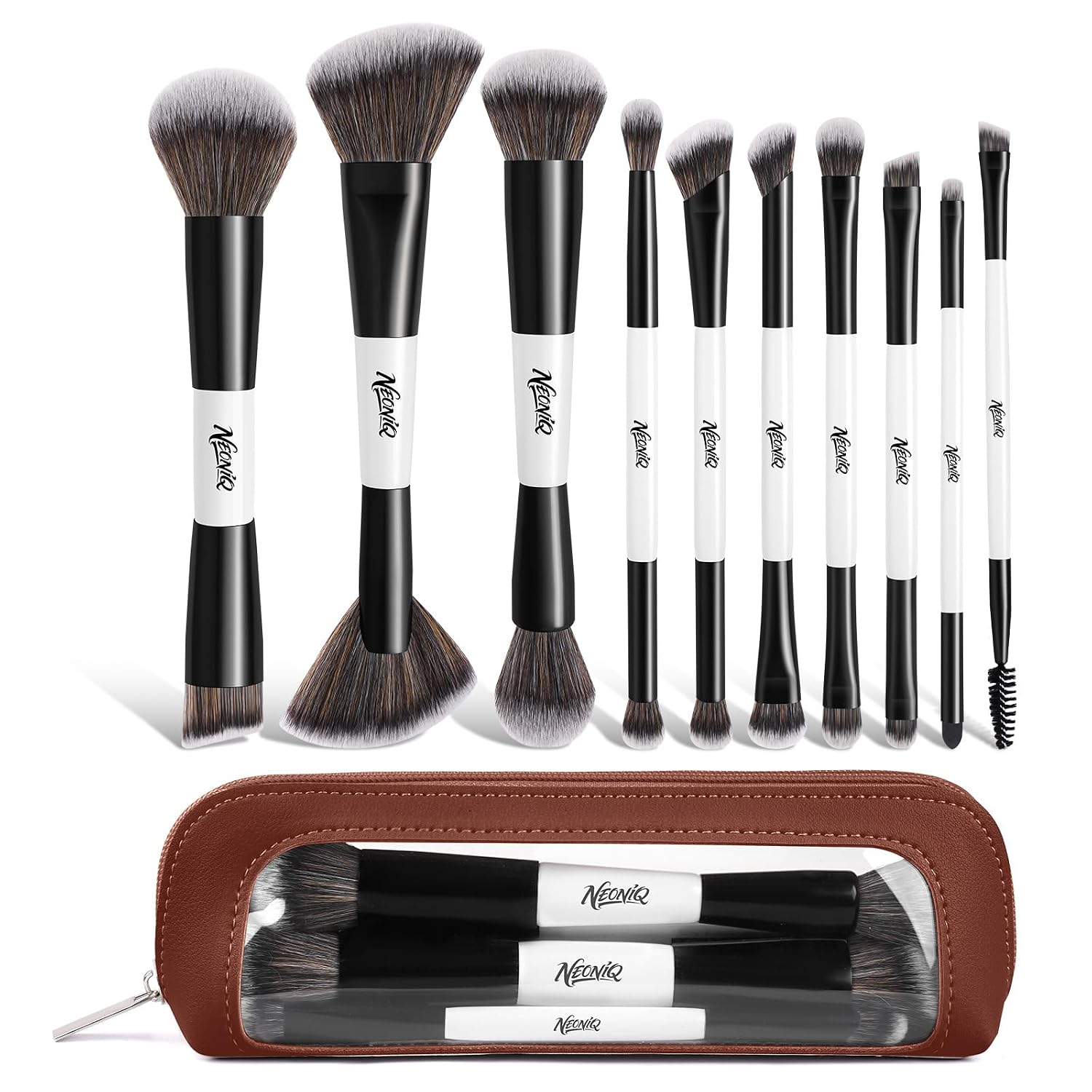 NEONIQ 10 PCS Travel Makeup Brush Set With Bag, Makeup Brushes, Double-End Multi-functional Brushes for Foundation Powder Blush Eyeliner Eyeshadows, Professional Face Brush Set White