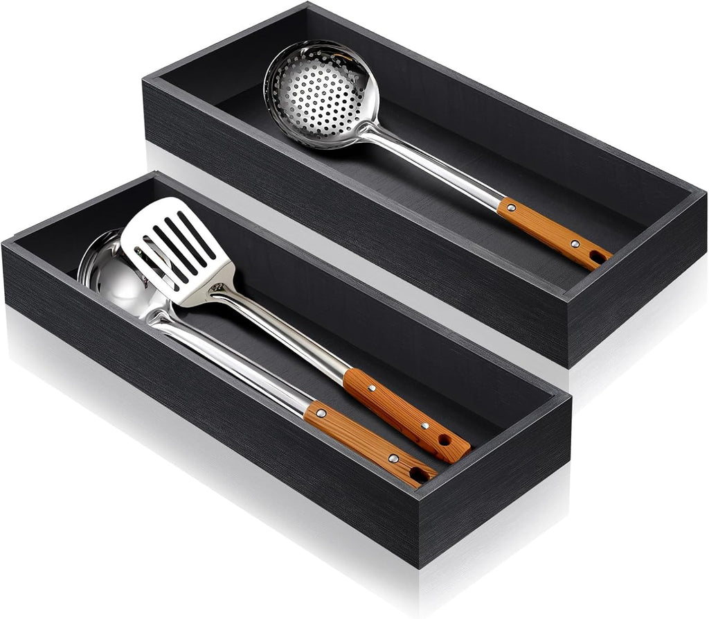 TEESSFROOD Bamboo Utensil Drawer Organizer, Stackable Silverware Organizer Tray Flatware Cutlery Storage Box for Kitchen Drawer - 17"x6"x2.5" (Set of 2)