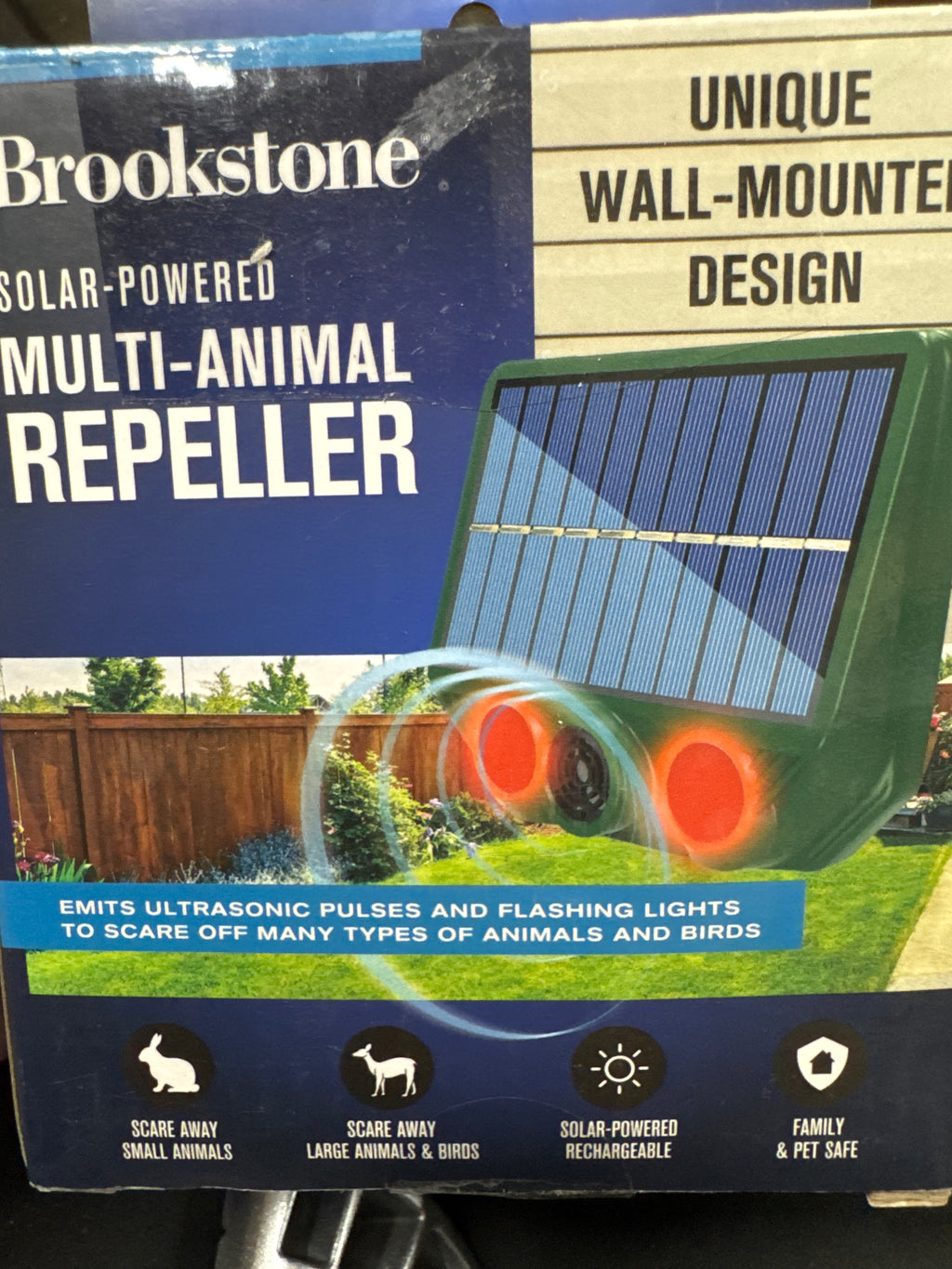 Brookstone Solar-Powered Multi-Animal Repeller â€“ Ultrasonic Pest Deterrent with Flashing Lights â€“ Humane & Chemical-Free Outdoor Animal Control for Birds, Deer, Rabbits & More