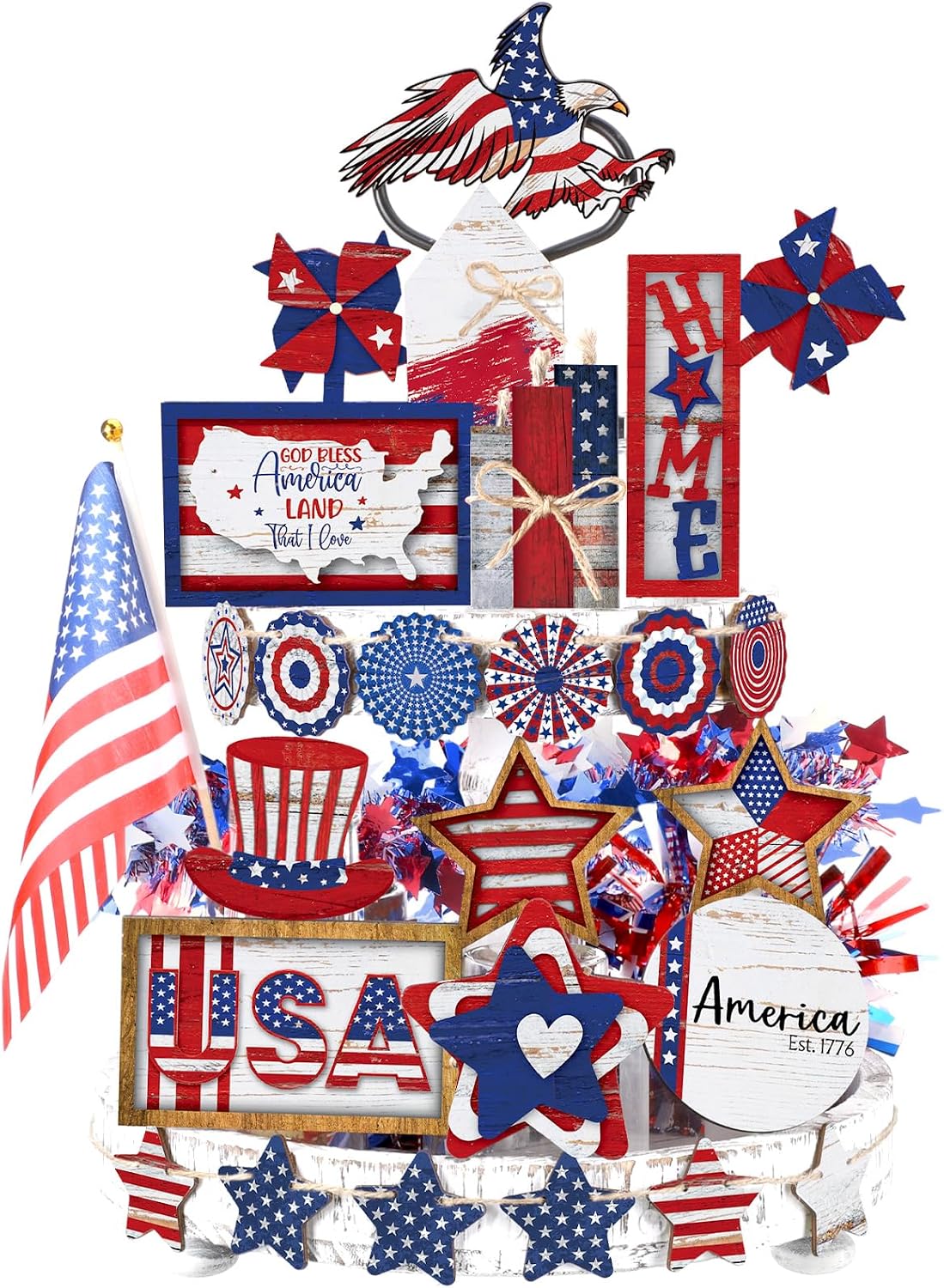 Seeloowy 25 Pcs 4th of July Tiered Tray Decor Set Patriotic Table Decorations