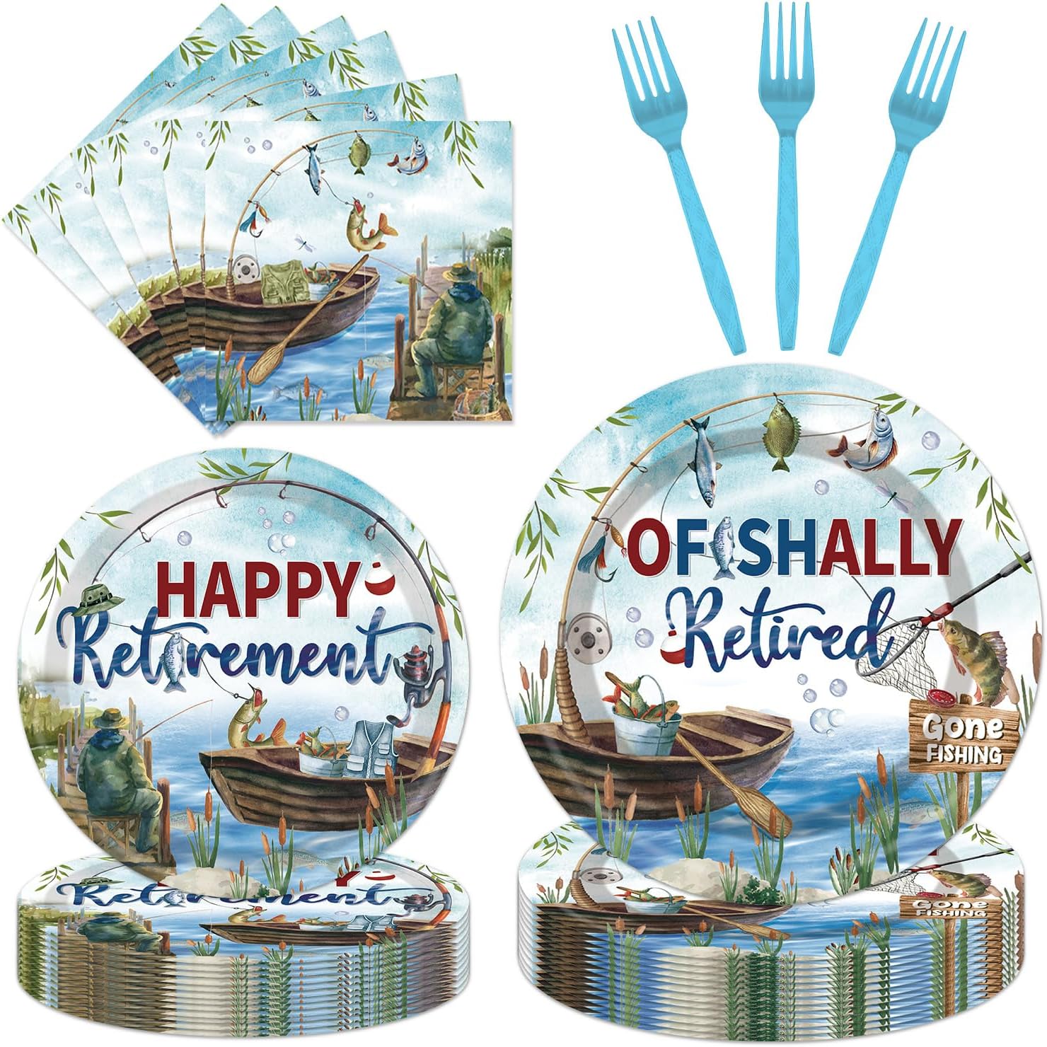 96 Pcs Ofishally Retired Decorations â€“ Fishing Themed Retirement Party Plates Napkins Forks Set for We Will Miss You Gone Fishing Happy Retirement Tableware