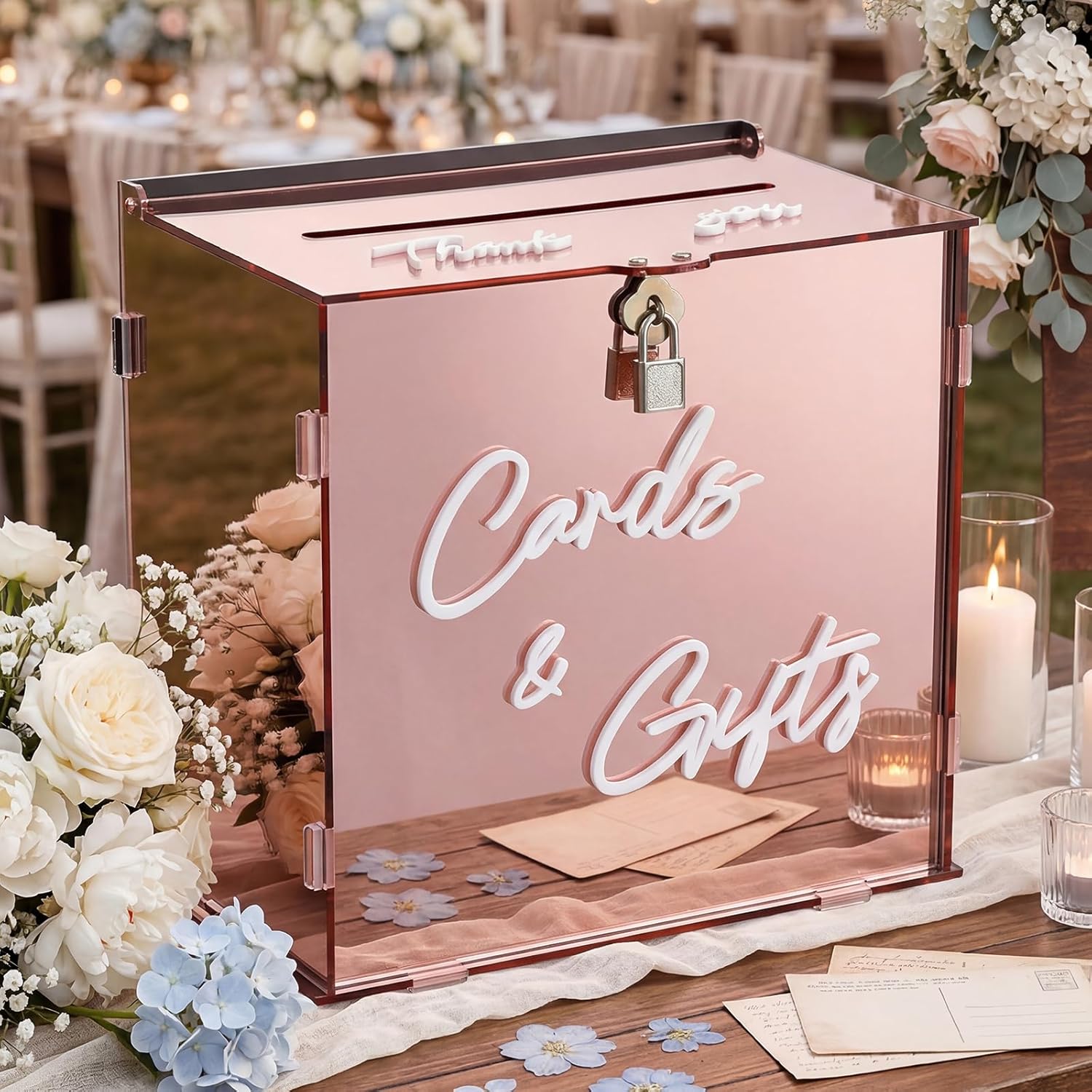 BreezeHug Rose Gold Acrylic Wedding Card Box with Slot and Lock