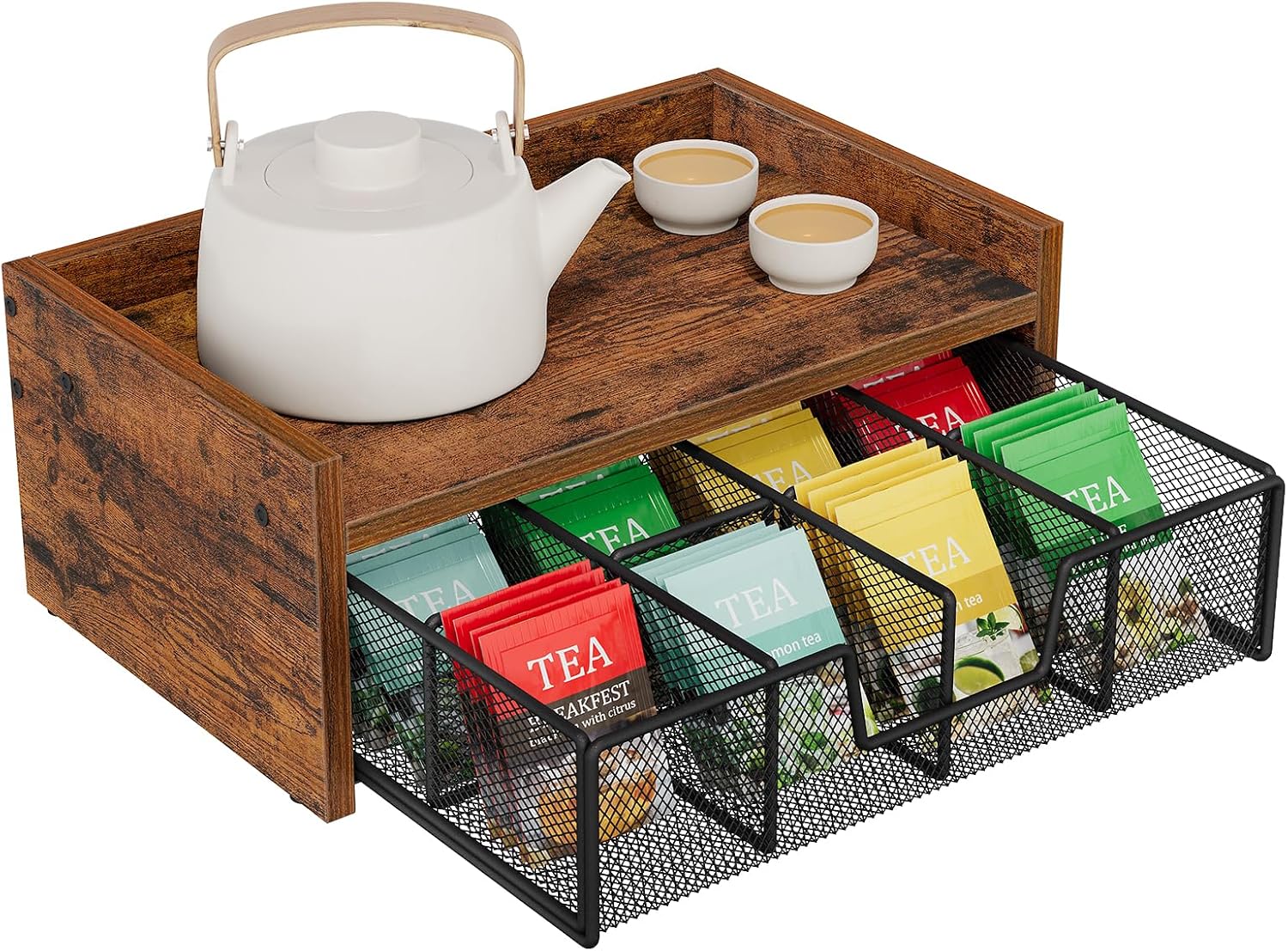 Tea Bag Organizer, Tea Bag Holder with Drawer, Wood Tea Box Organizers and Storage Chest, Tea Station Chest Display for Countertop Kitchen, Office