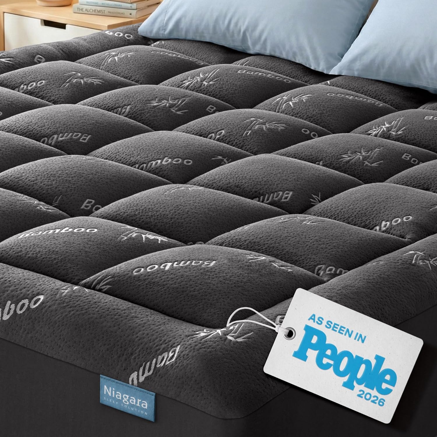 Niagara Sleep Solution Ultra Soft Full Size Mattress Topper - Rayon Derived from Bamboo Pillow Top Mattress Pad for Back Pain Relief - Naturally Cooling for Hot Sleepers, Dark Gray