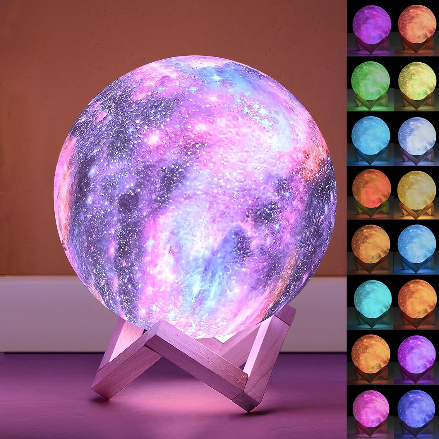 Galaxy Moon Lamp,Gift for Kids,Wireless Rechargeable 16 Colors LED 3D Moon Night