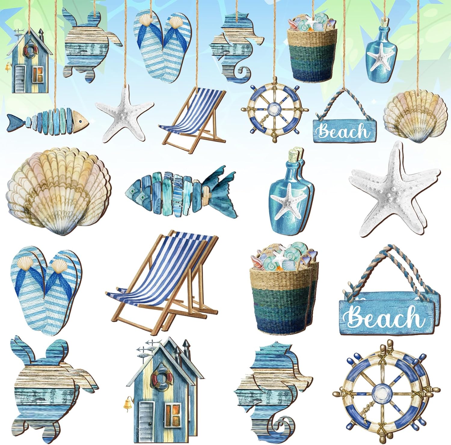 Purpeak 24 Pcs Summer Wooden Ornaments Ocean Beach Tree Decorations
