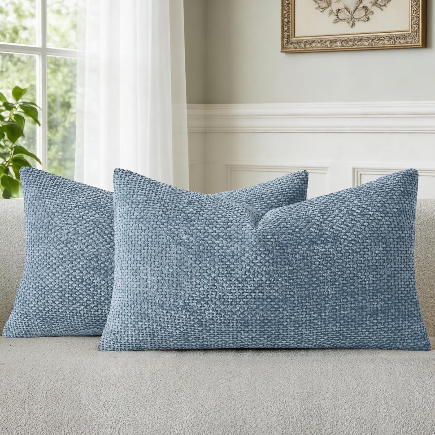 A Moment Blue Chenille Throw Pillow Covers.