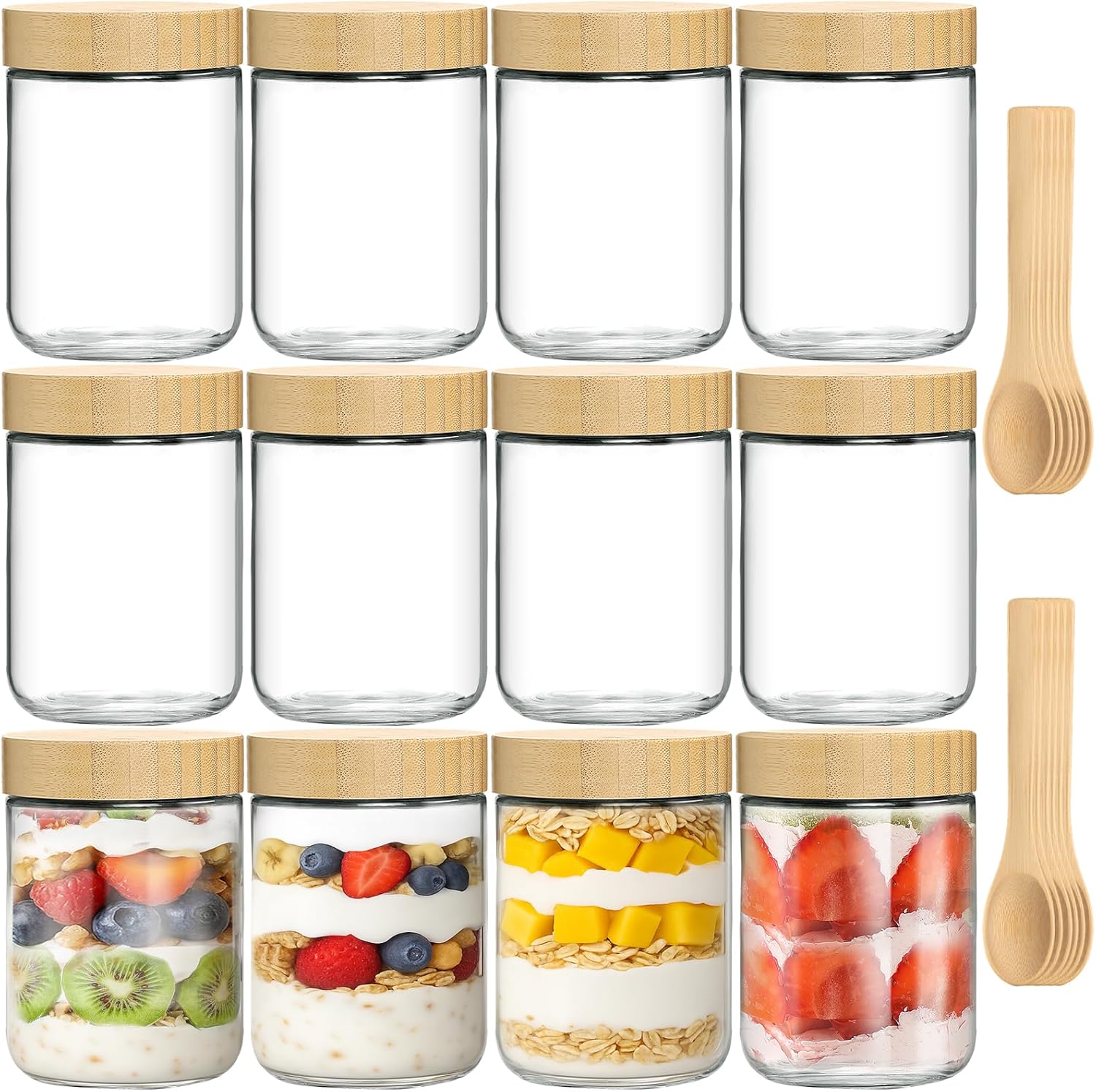 12 Pack 16oz Glass Jars with Bamboo Lids, Spoons, Airtight Overnight Oats Containers.