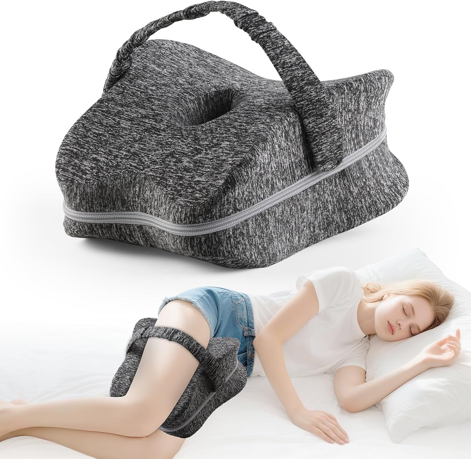 Knee Pillow for Side Sleepers, Memory Foam Leg Pillow for Side Sleeping with Strap, Alignment Pillows Between Legs for Sciatica, Back & Hip Pain Relief (Grey)