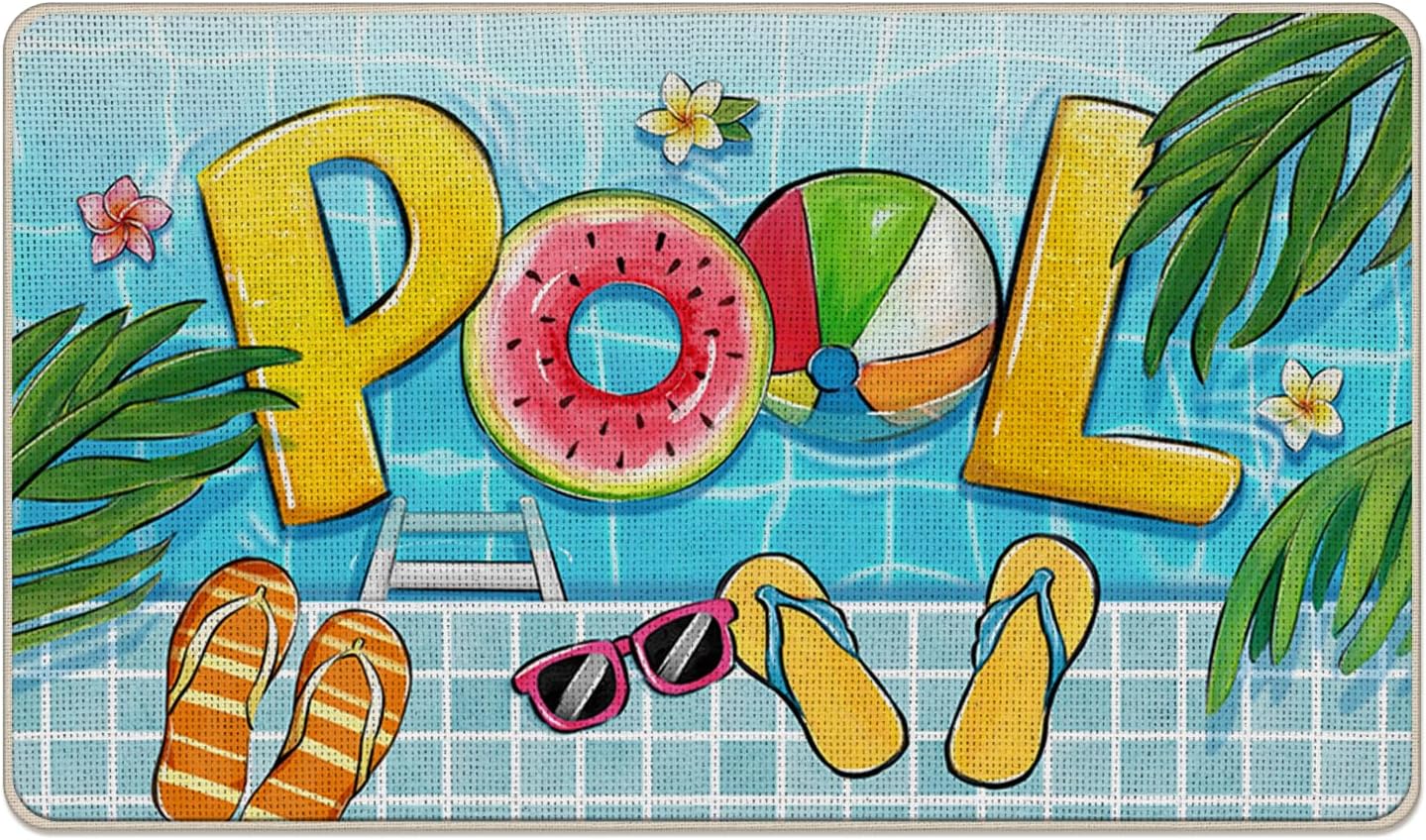 Summer Pool Welcome Front Door Mat, Swim Ring Ball Flip Flops Decorative Doormat Non-Slip Floor Entryway Rug, Spring Tropical Palm Leaves Indoor Outdoor Home Kitchen Decoration 17x29 Inches