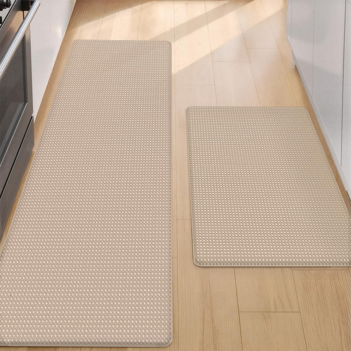 Color&Geometry Anti Fatigue Cushion Padded Kitchen Mat for Floor - 17x29+17x59,Easy Clean, Water & Oil Proof, Anti Slip, Foam Rubber Runner Rug for Front Sink Comfort Standing,Dark Beige Set of 2
