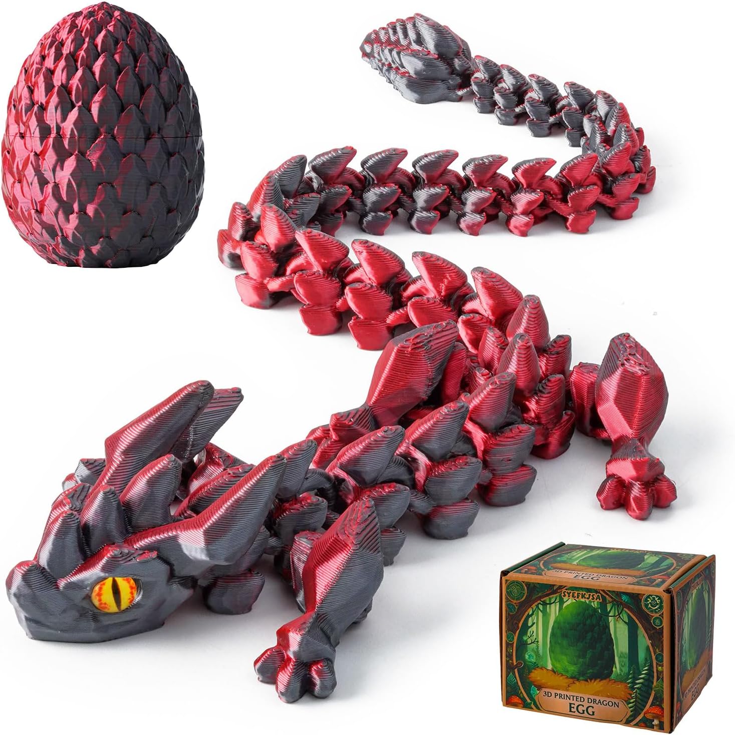 3D Printed Dragon Eggs with Dragon Inside - 12Inch,Articulated Fidget 3D Printed Animals, Interesting Decorative Gift, Easter Basket Essentials Stuffers (Black Red)