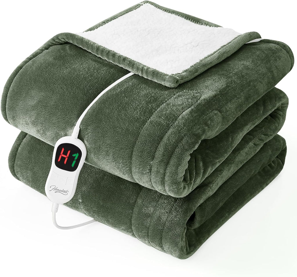 Homemate Electric Heated Blanket Twin Size - 62"x84" Heating Bed Blankets Throw with 8 Hours Auto Off 10 Heating Levels Fast Heating Over-Heated Protection Soft Warm Flannel Bed ETL Certified Green