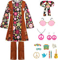 SKCAIHT Girls Hippie Costume 60s 70s Outfits Halloween Party Dress Up (Black, 8-9 Years)