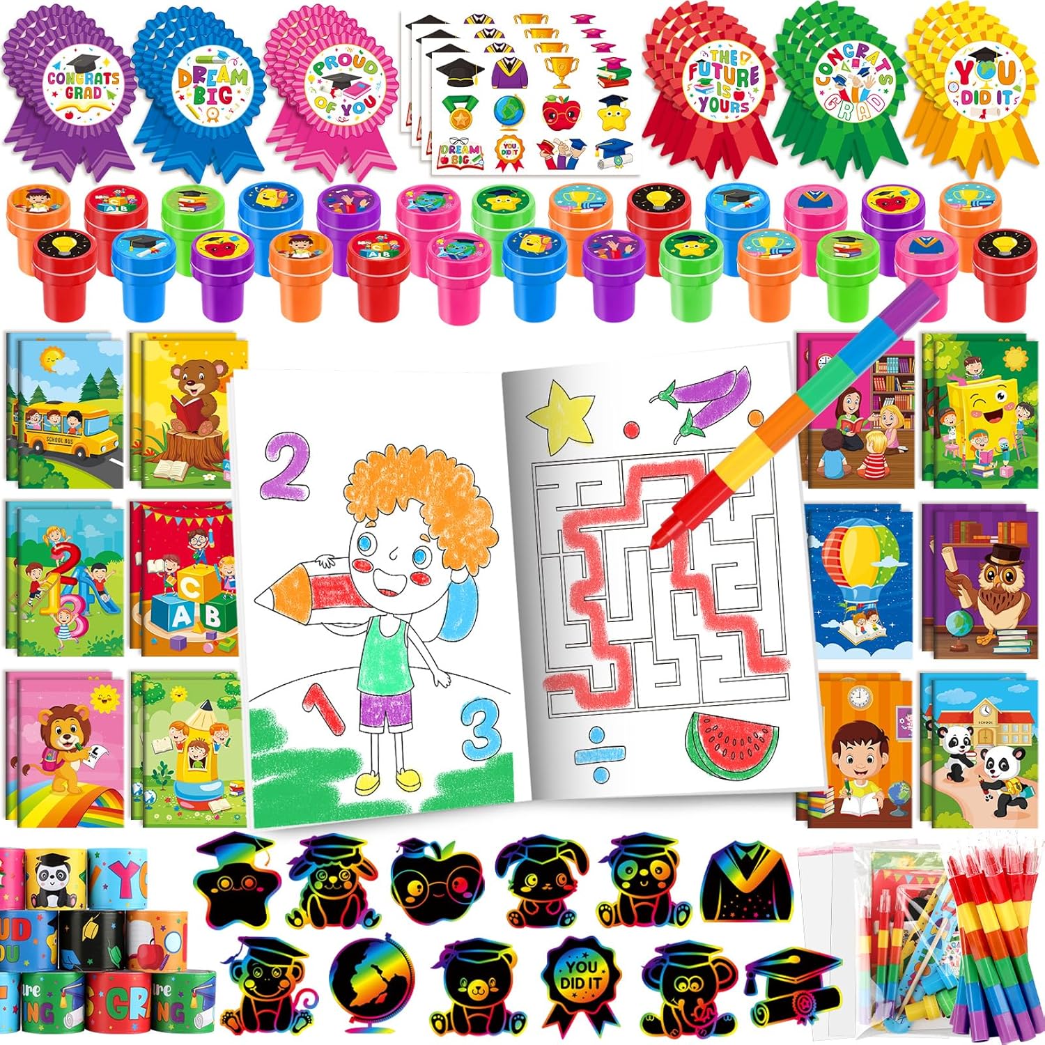 BenLouis 96 Pcs Graduation Party Favors for Kids Preschool Kindergarten Classroom Gifts Prize Coloring Books Set Bulk for Students Congrats Grad Goodie bags.