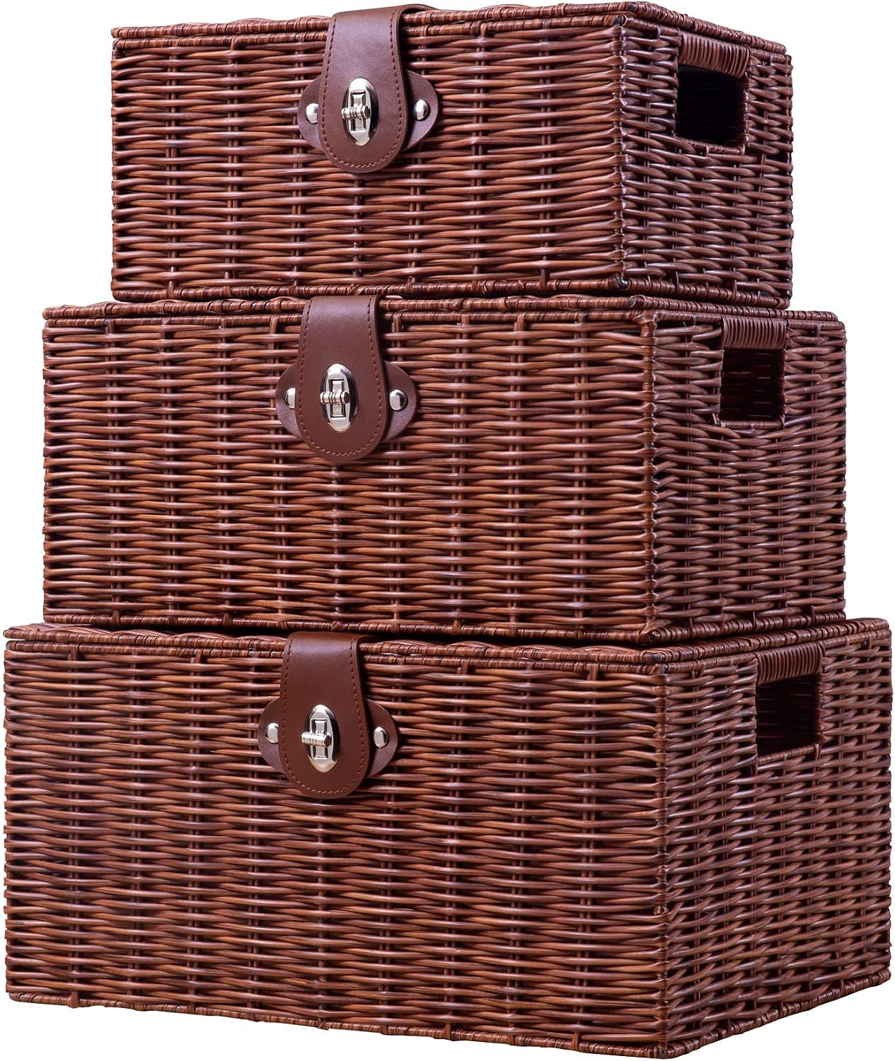 Homepeaz Set of 3 Woven Wicker Storage Basket Box with Lids