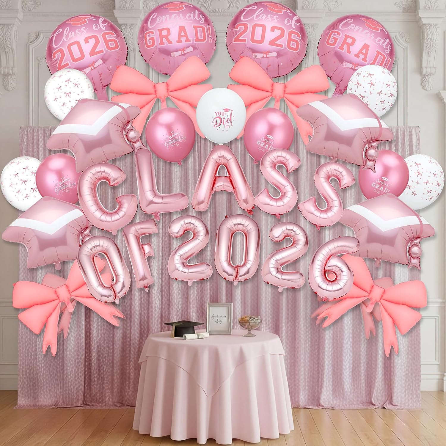 Foilswirl 28 Pcs Pink Class of 2026 Balloons Decoration Set Pink and Rose Gold Graduation Cap