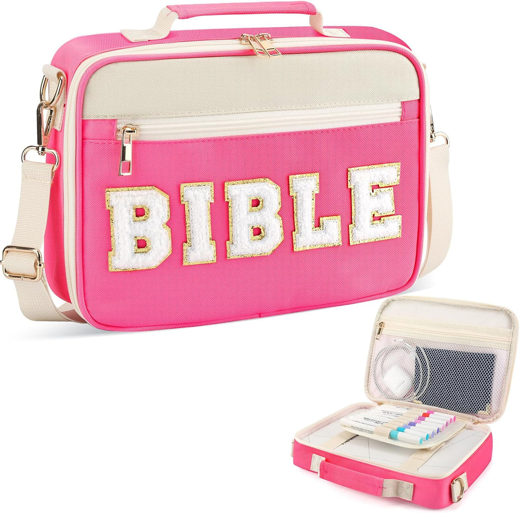 Bible Cover Case for Women girls, Preppy Bible Bag with Adjustable Shoulder Strap, Waterproof Bible Carrying Tote Bags Holder for Bible Study Supplies Accessories & Christian Gifts (Rose Red)