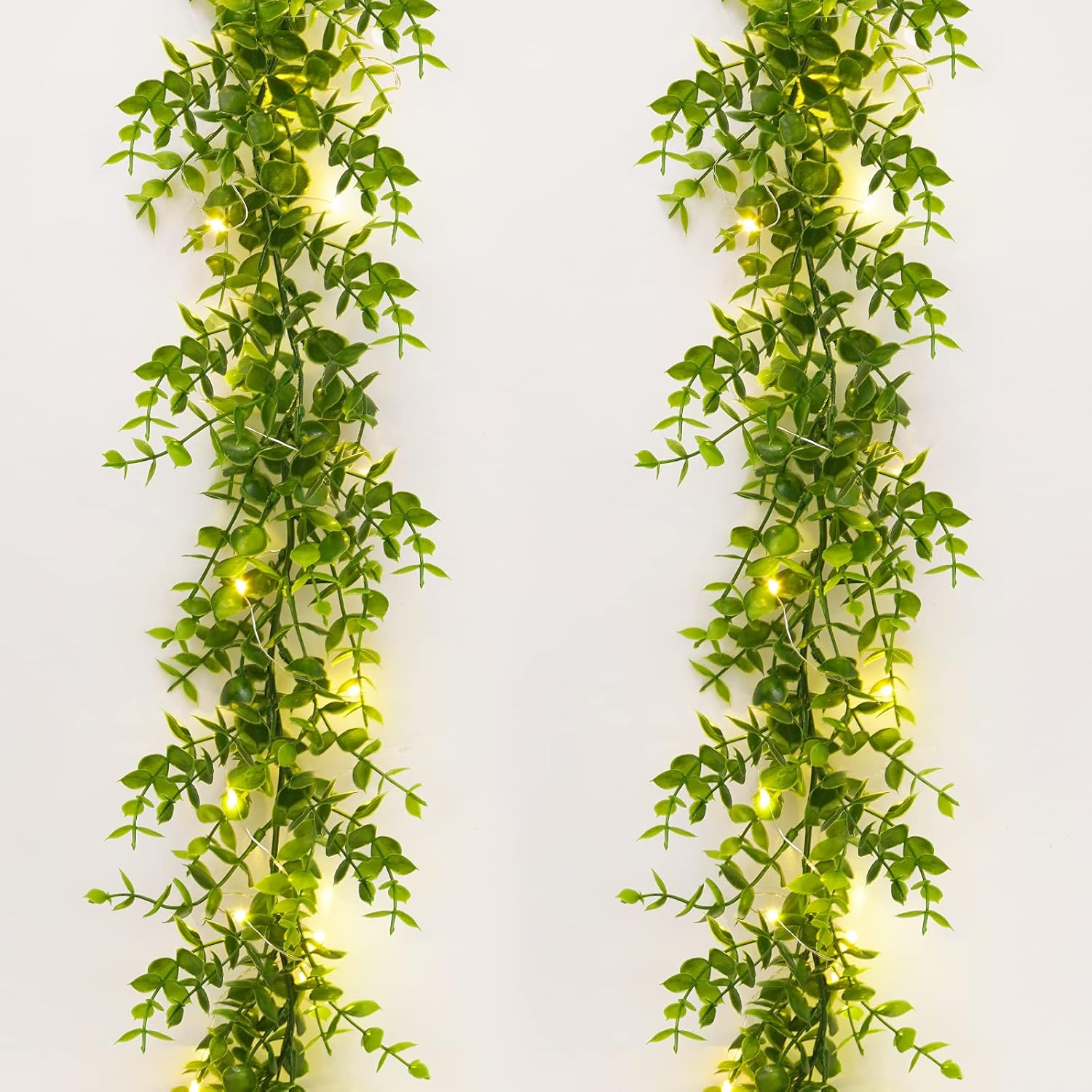 2 Packs Eucalyptus Garland with LED Lights String, 12FT Faux Eucalyptus Greenery Garland, Artificial Hanging Green Leaves Vine Wedding Backdrop Arch Wall Table Decor (Green)