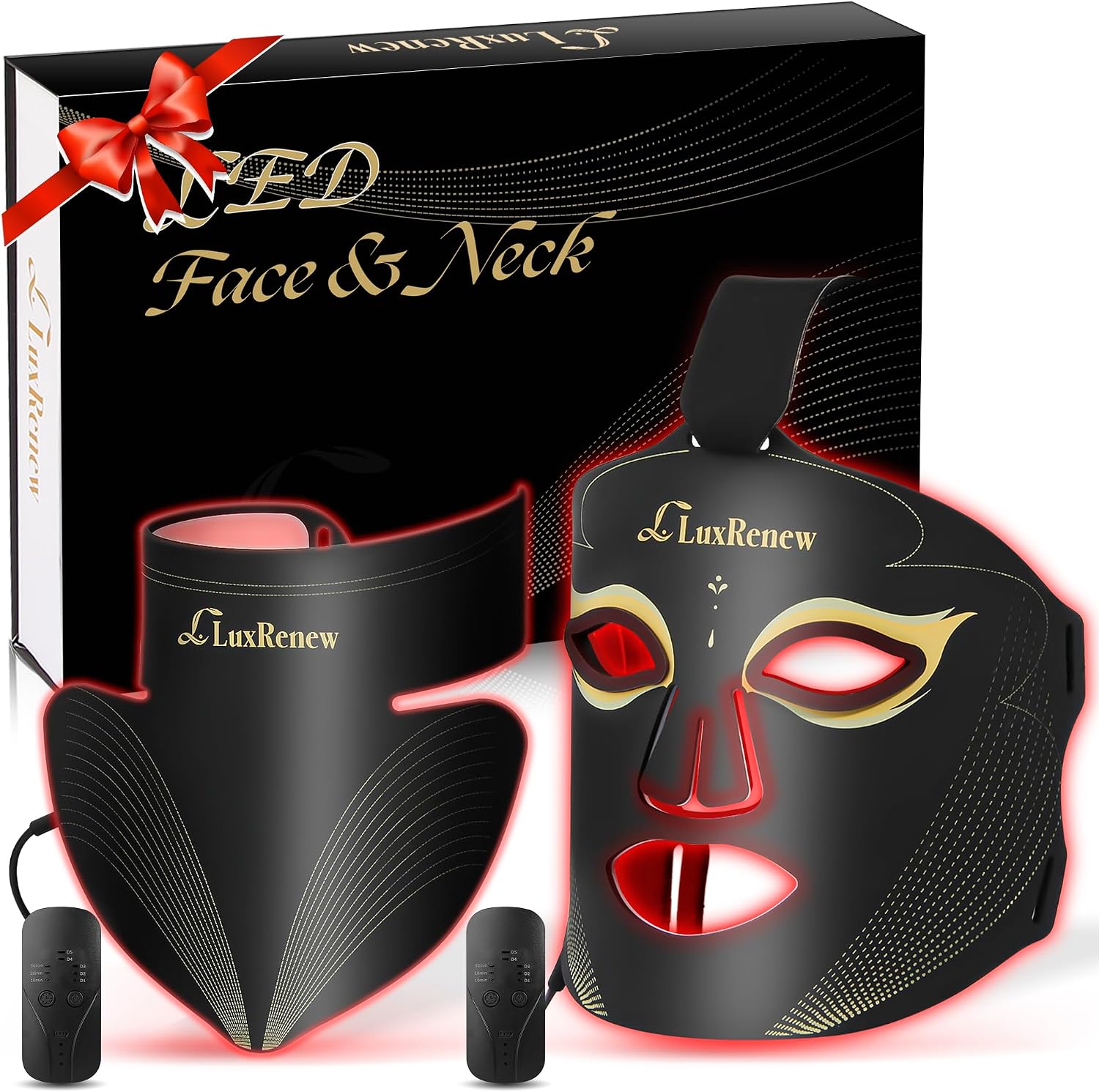 Red Light Therapy Mask Set, Led Mask Light Therapy for Face & Neck, Near-Infrared Light 850nm and Red Light 630nm, 5 Gears Energy Adjustment, Black