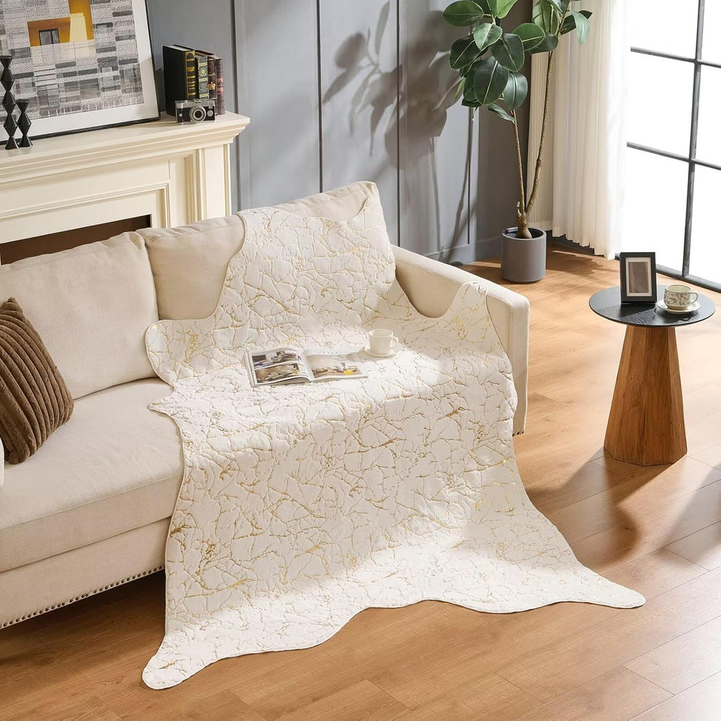 Premium Faux Fur Cowhide Rug,Large Carpet Non-Slip Cow Print Rugs,Suitable for Bedroom Living Room Western Decor,Faux Fur Animal Cow Hide Carpet-White and Gold-4.7 * 5.2FT(55 * 62inch)