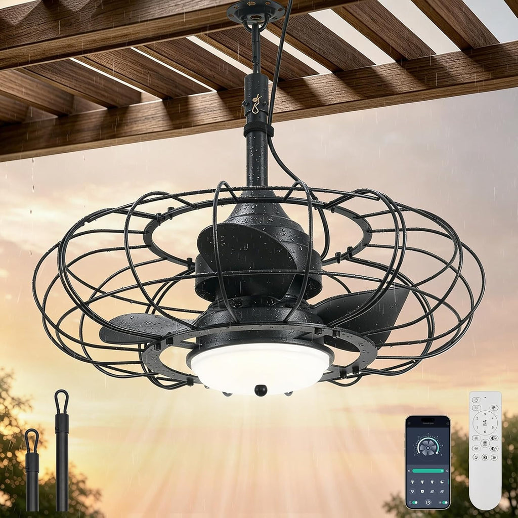 AHAWILL 20" Black Outdoor Ceiling Fan with Light and Remote/APP,3CCT 6 Speed Gazebo Fan Outdoor Hanging Hook,IP65 Waterproof Plug in Ceiling Fan for Patios, Garage, Porch, Pergola,Canopy