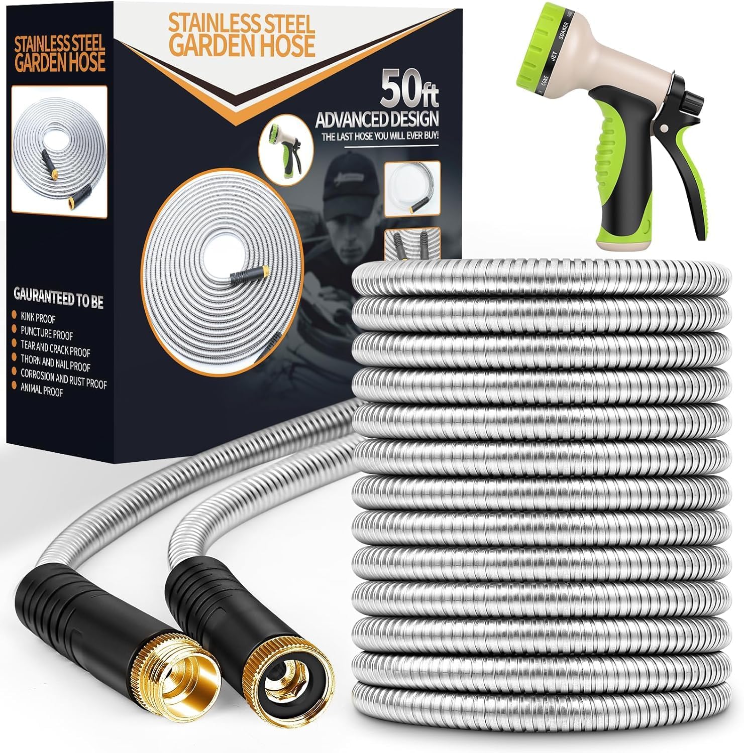 Garden Hose 50 ft, Stainless Steel Water Hose with 10 Function Nozzle