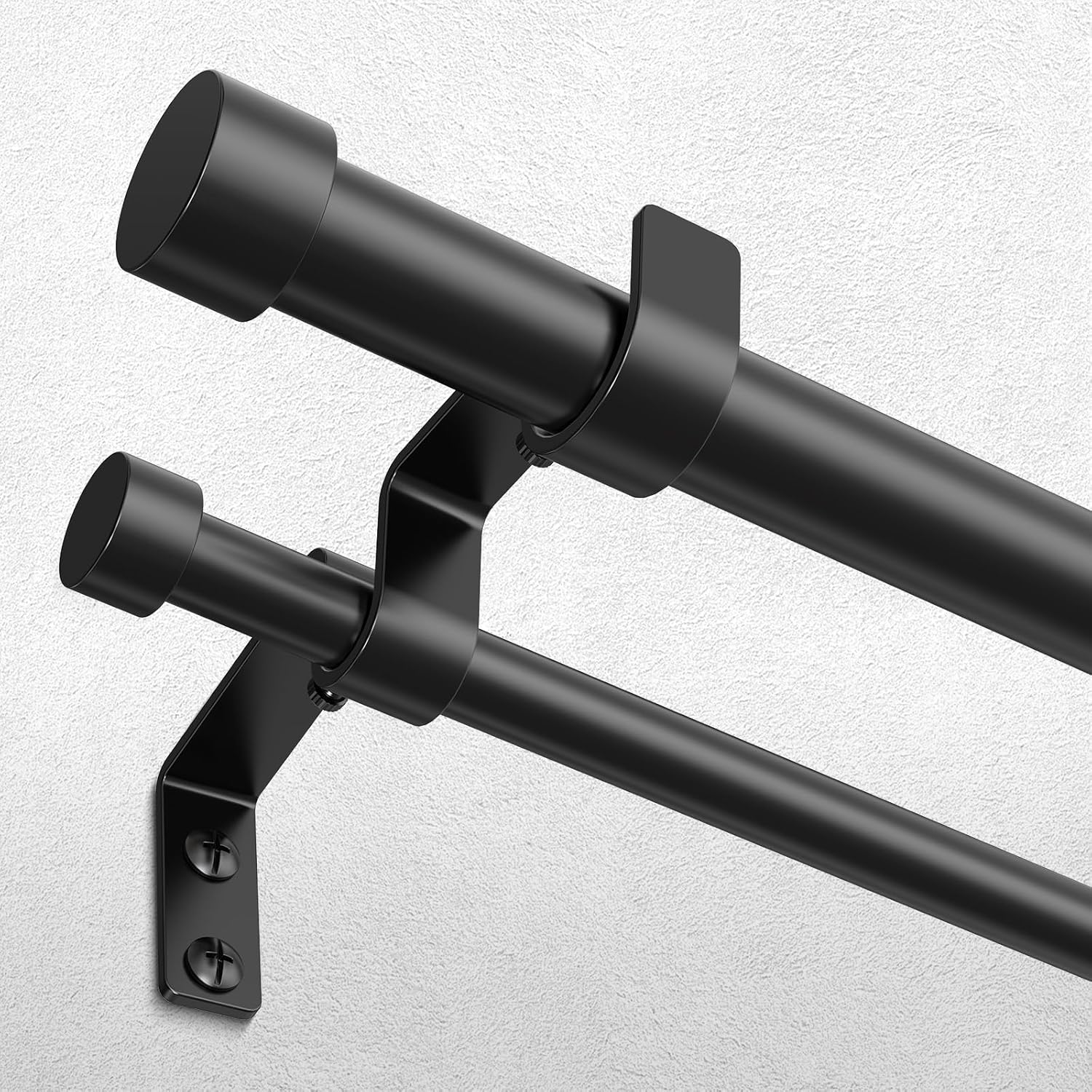 Black Double Curtain Rod, 36 to 124 Inch Long Dual Curtain Rods with Aluminium Modern End Cap Finial, 1 Inch Adjustable Heavy Duty Window Treatment Rods, Spliced Metal Double Drapery Pole Set