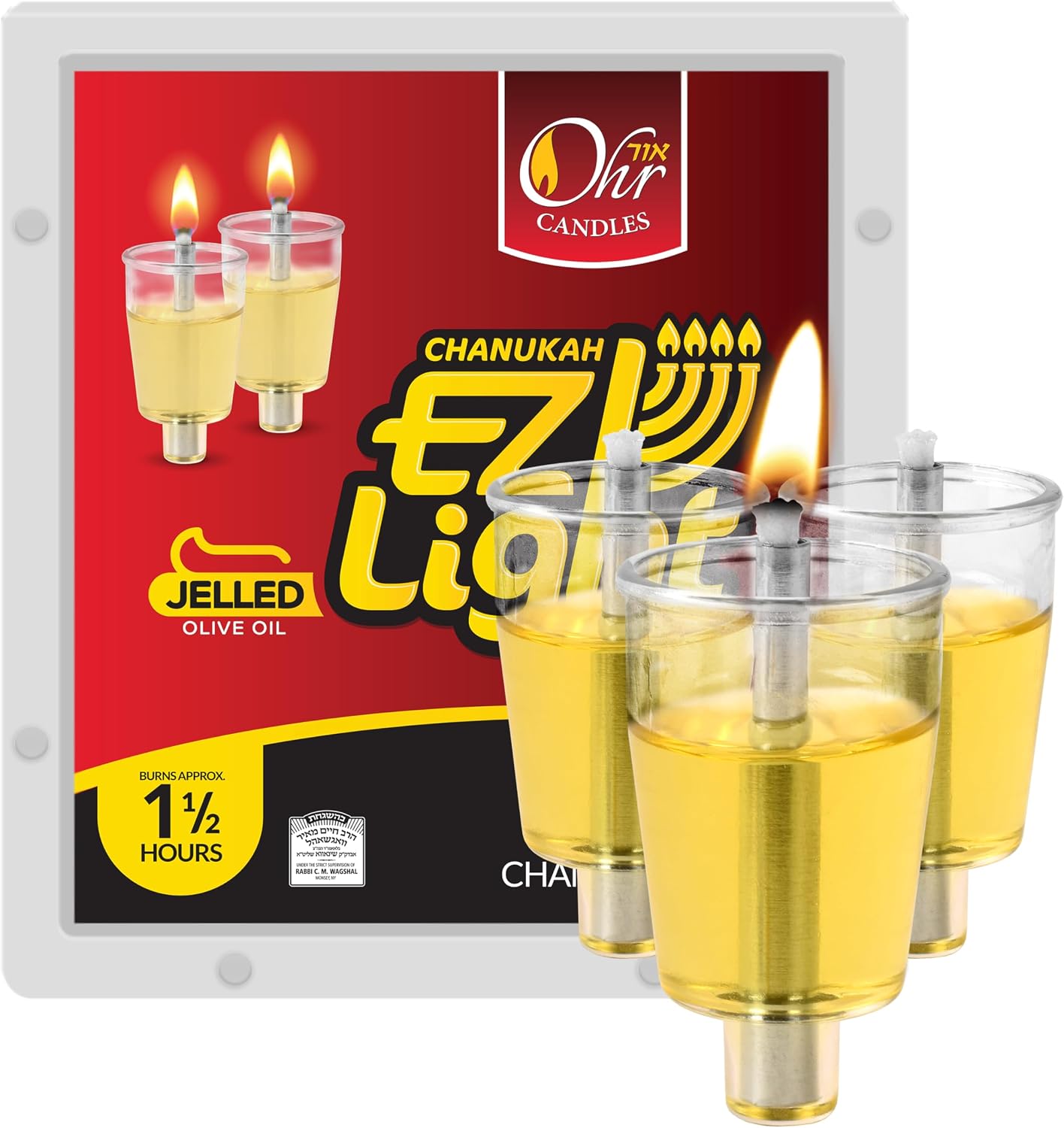 OHR CANDLES E-Z Light 44 Jelled Olive Oil Chanukah Candles Jelled Prefilled Olive Oil -1.5 Hour Burntime