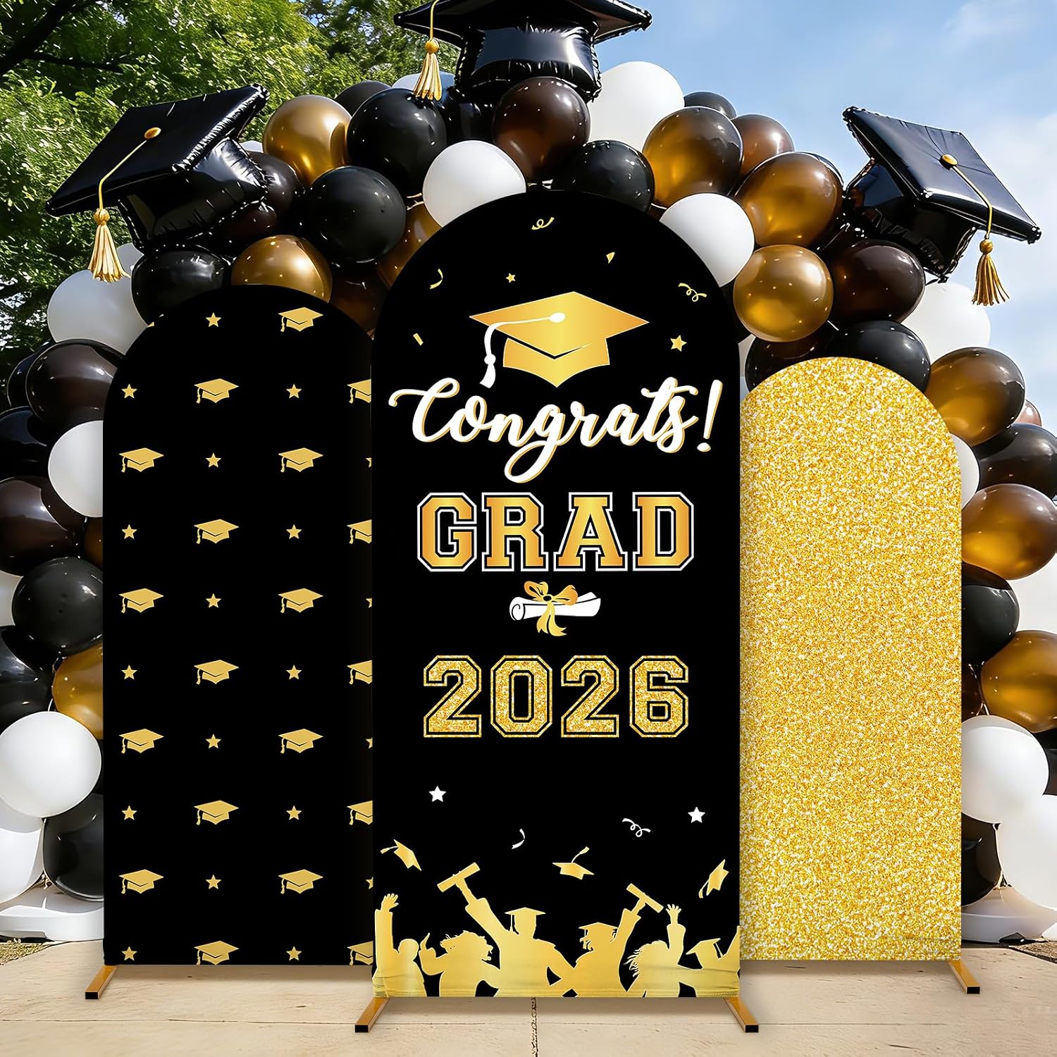 3 Set Graduation Party Decorations 2026 Graduation Arched Backdrop Cover Grads Parties Arch Covers Graduates of 2026 Party Supplies Arch Covers Spandex Stretchy Arched Cover, Black and Gold