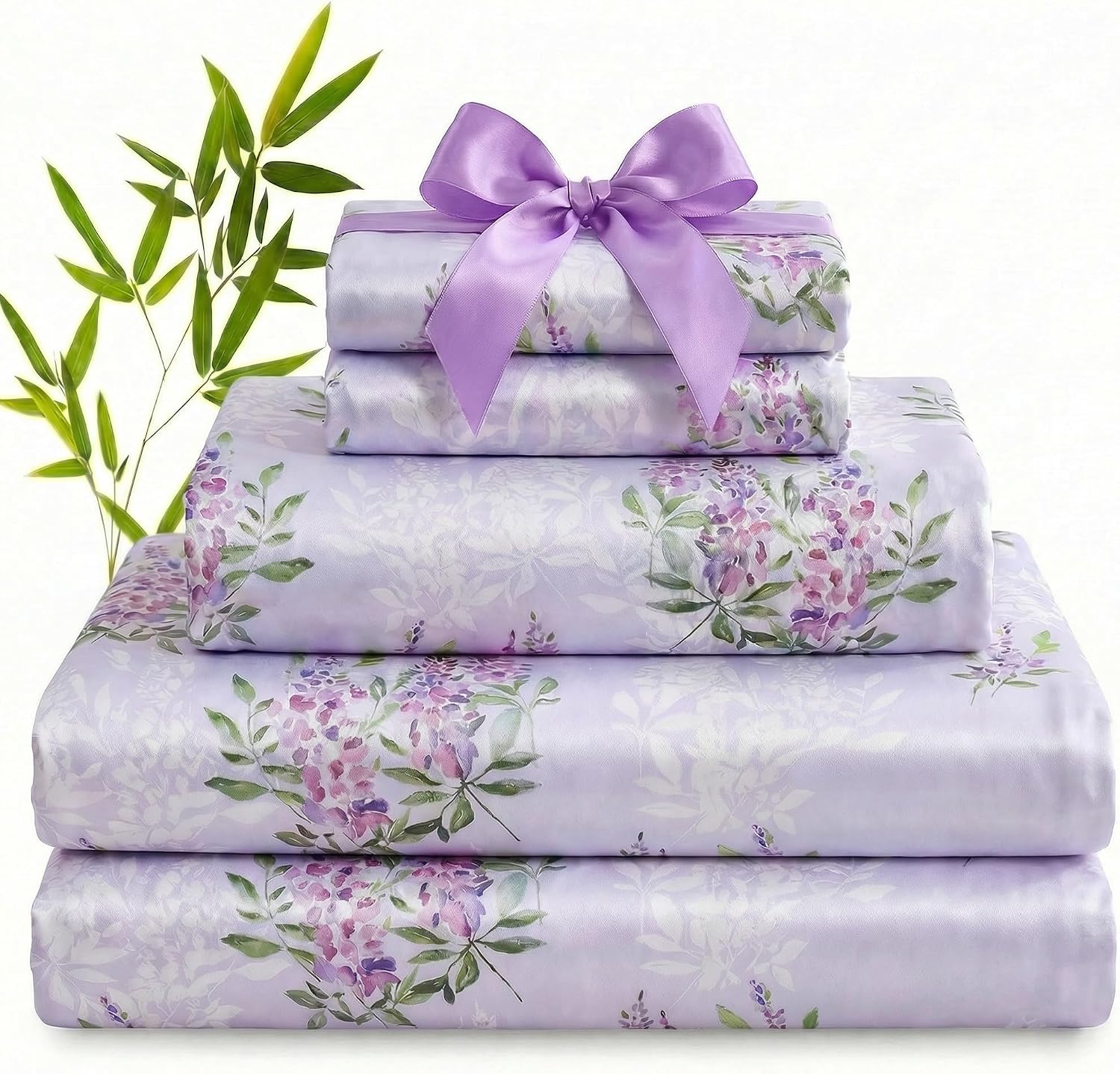 YIYEA 100% Viscose Derived from Bamboo Sheets, 600 Thread Count Cooling Bed Sheet Set for Hot Sleepers, Silky Soft, Breathable, 16" Deep Pocket, 4PC, Queen, Floral