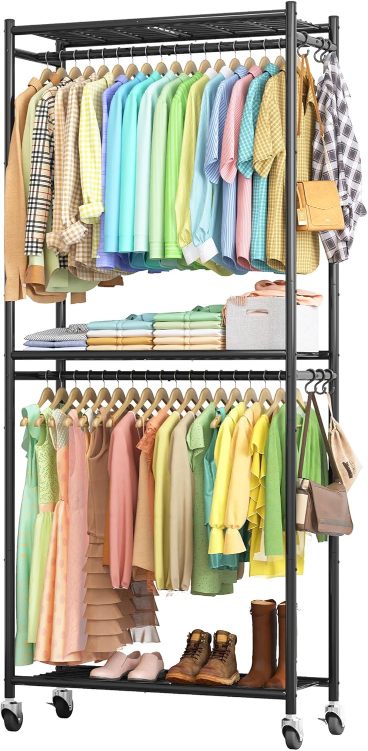 Sakugi Clothes Rack - 33.0" x 12.2" x 79.5" Clothing Rack with Shelves & Wheels, Multi-Functional Wardrobe Closet with Hooks, Sturdy Metal Garment Rack for Bedroom, Laundry, Balcony (Black), New