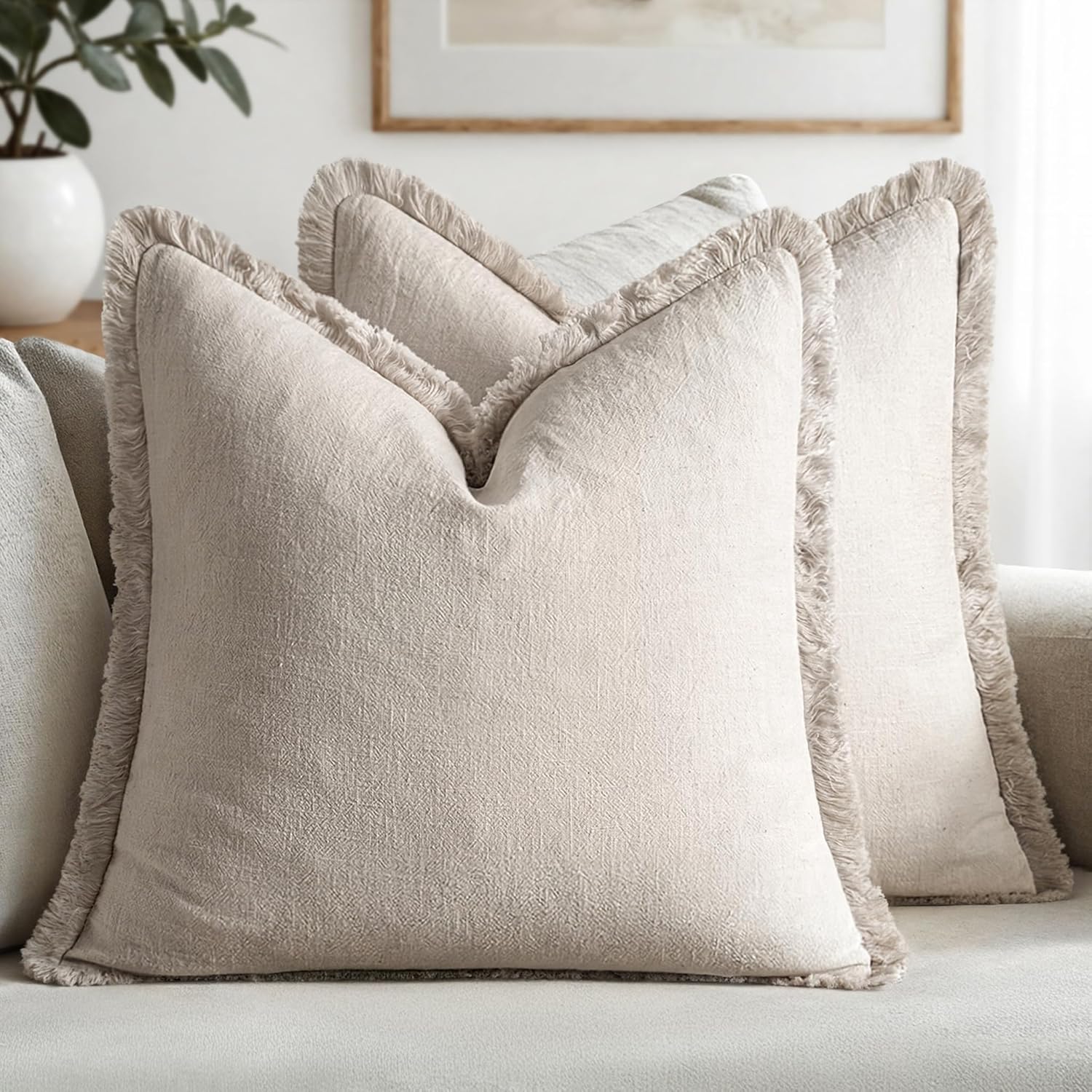MIULEE Decorative Throw Pillow Covers Neutral Linen Fringe Throw Pillows