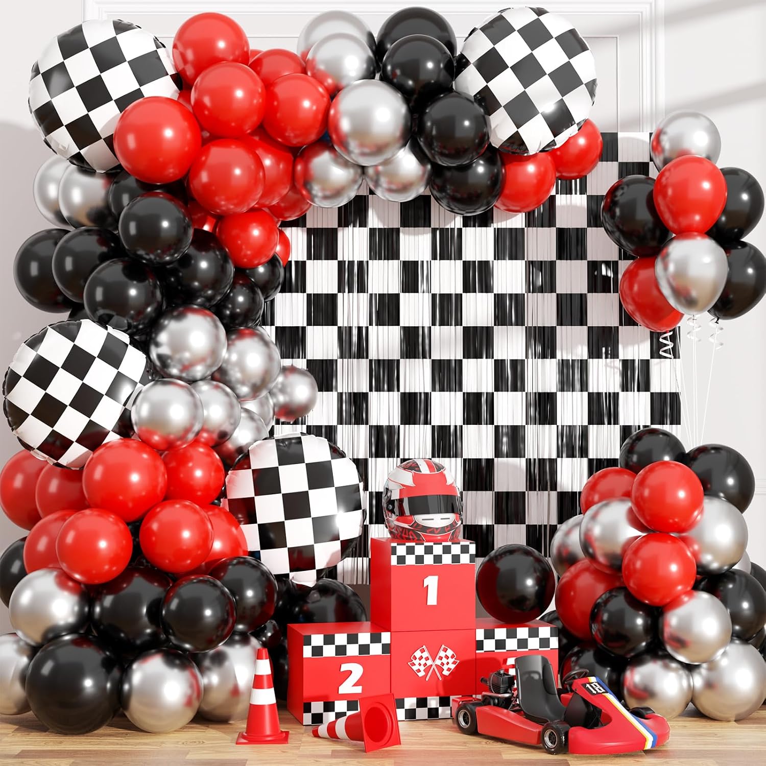 Race Car Balloon Garland Arch Kit Birthday Party Decorations, Black White Checkered Foil Fringe Curtains Backdrop Tinsel Streamer Photo Booth Props Racing One Happy Dude Party Decor Favors Supplies