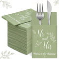 100 Pcs Linen Feel Green Mr and Mrs Napkins Disposable Cloth Like Napkins Prefolded Hand Towel with Builtin Flatware Pocket Cocktail Hand Towel for Wedding Bridal Shower Supplies