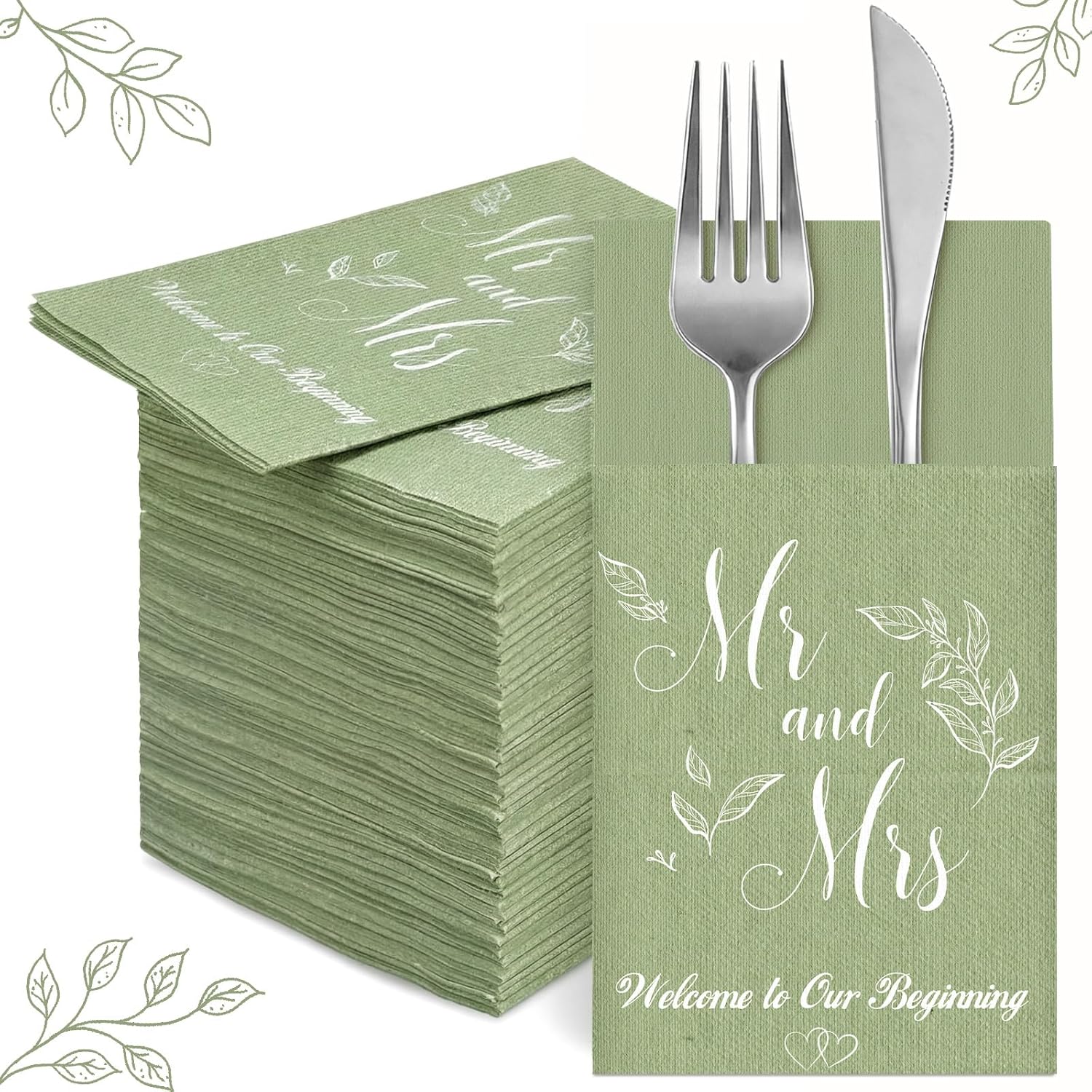 100 Pcs Linen Feel Green Mr and Mrs Napkins Disposable Cloth Like Napkins Prefolded Hand Towel with Builtin Flatware Pocket Cocktail Hand Towel for Wedding Bridal Shower Supplies