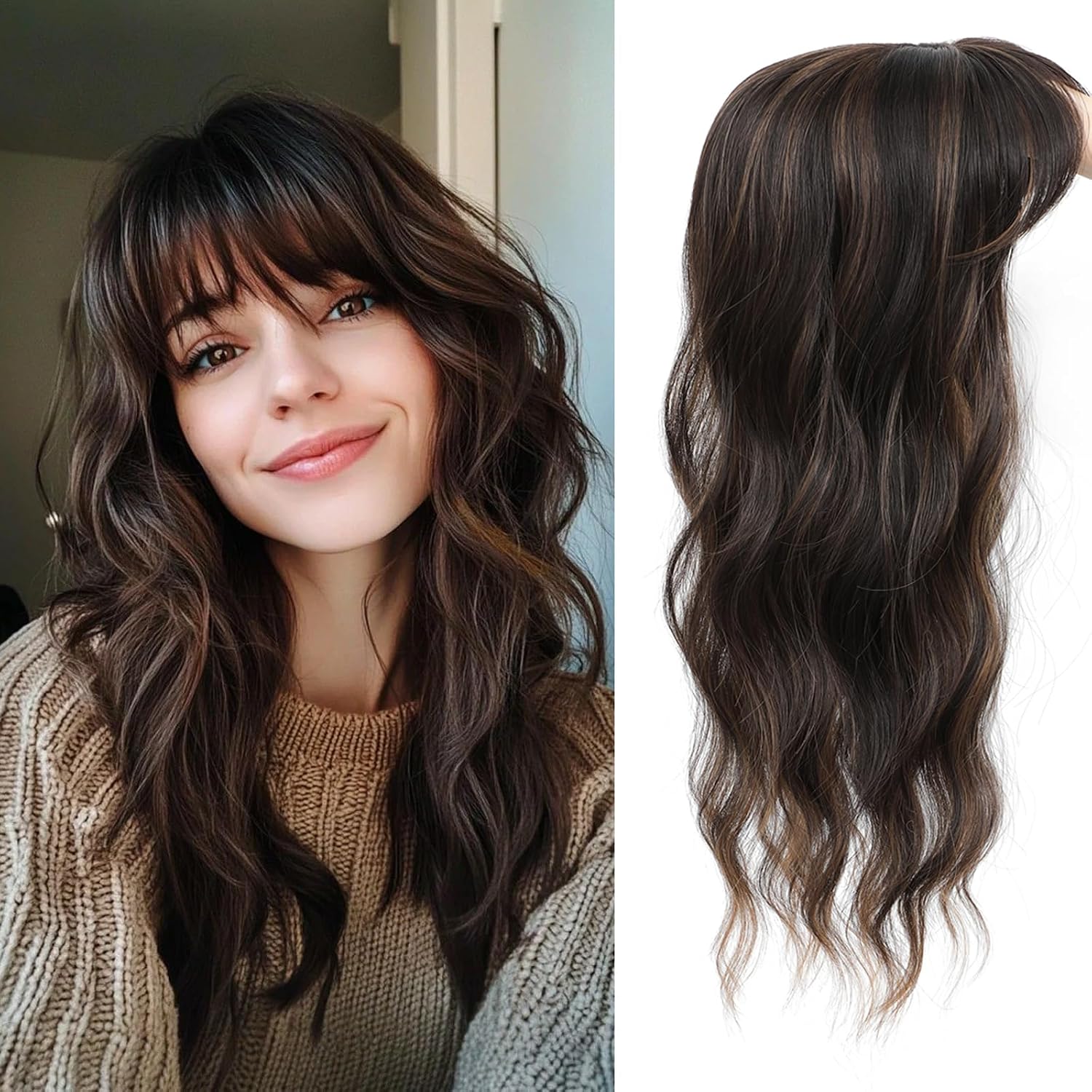 Hair Topper, Big Base 360 3D Hair Toppers for Women with Thinning Crown, 20 Inch Long Curly Wavy Hair Pieces with French Part Clip in Bangs for Daily Use Parties