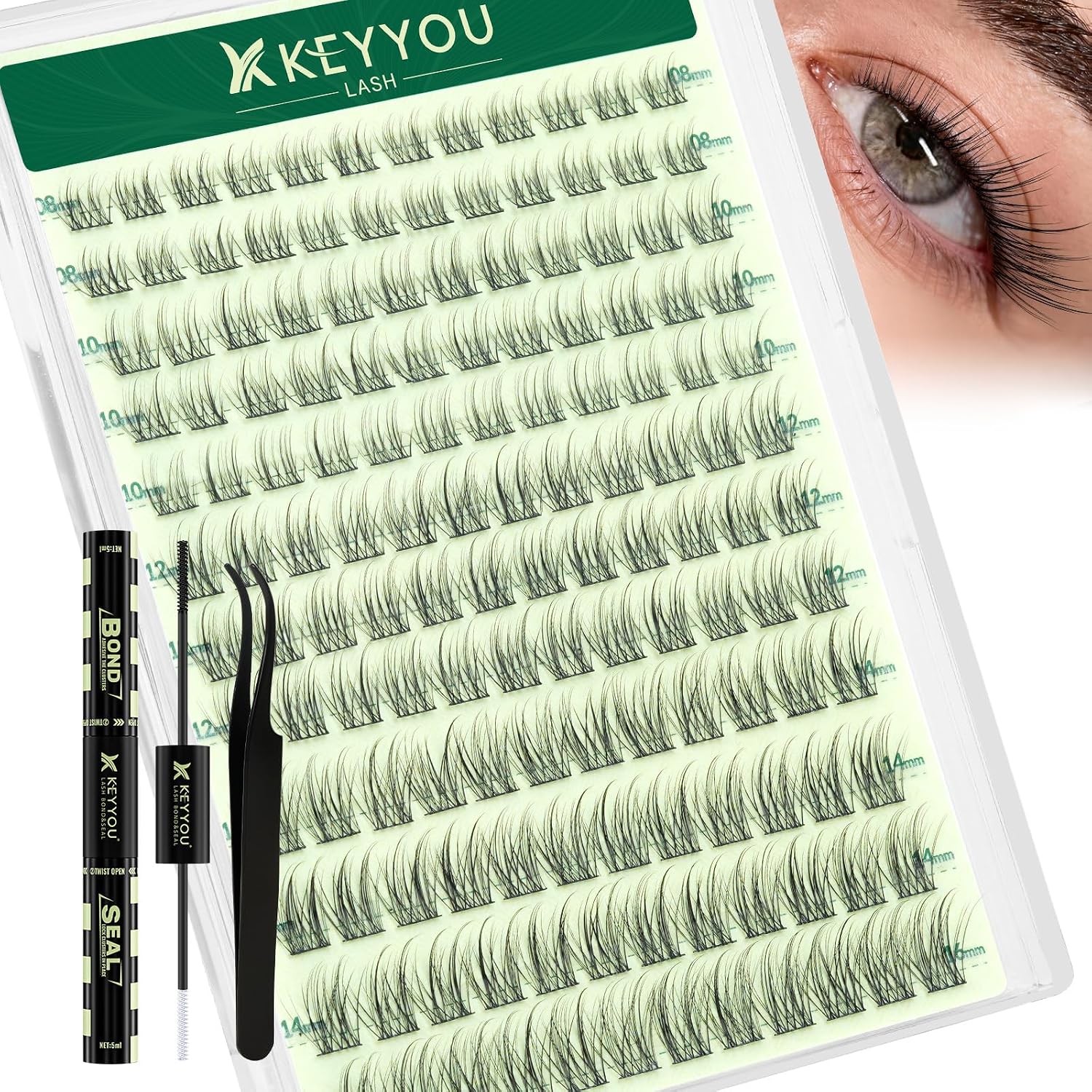 KEYYOU Lash Clusters Kit Natural 8-16MIX C Curl â€“ Wispy Fluffy Lash Extension Kit 144pcs with Bond & Seal, Applicators Eyelash Clusters for DIY at Home for Natural Salon Look(Jungle)