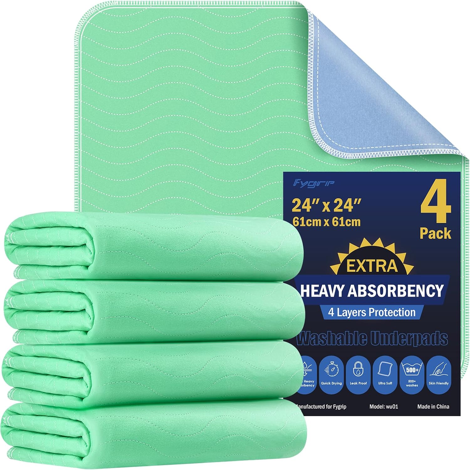 Extra Heavy Absorbency Washable Underpads 24x24 inch (4 pack)