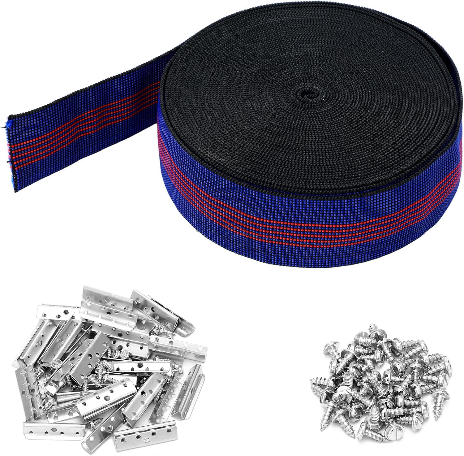 Threehoney 2 Inch Wide x 40 ft Chair Webbing Replacement Kit Upholstery Webbing Elastic Band to Repair Sagging Couch Chair Patio Furniture Metal Clips Patio Strap Repair Kit for Furniture (Blue)