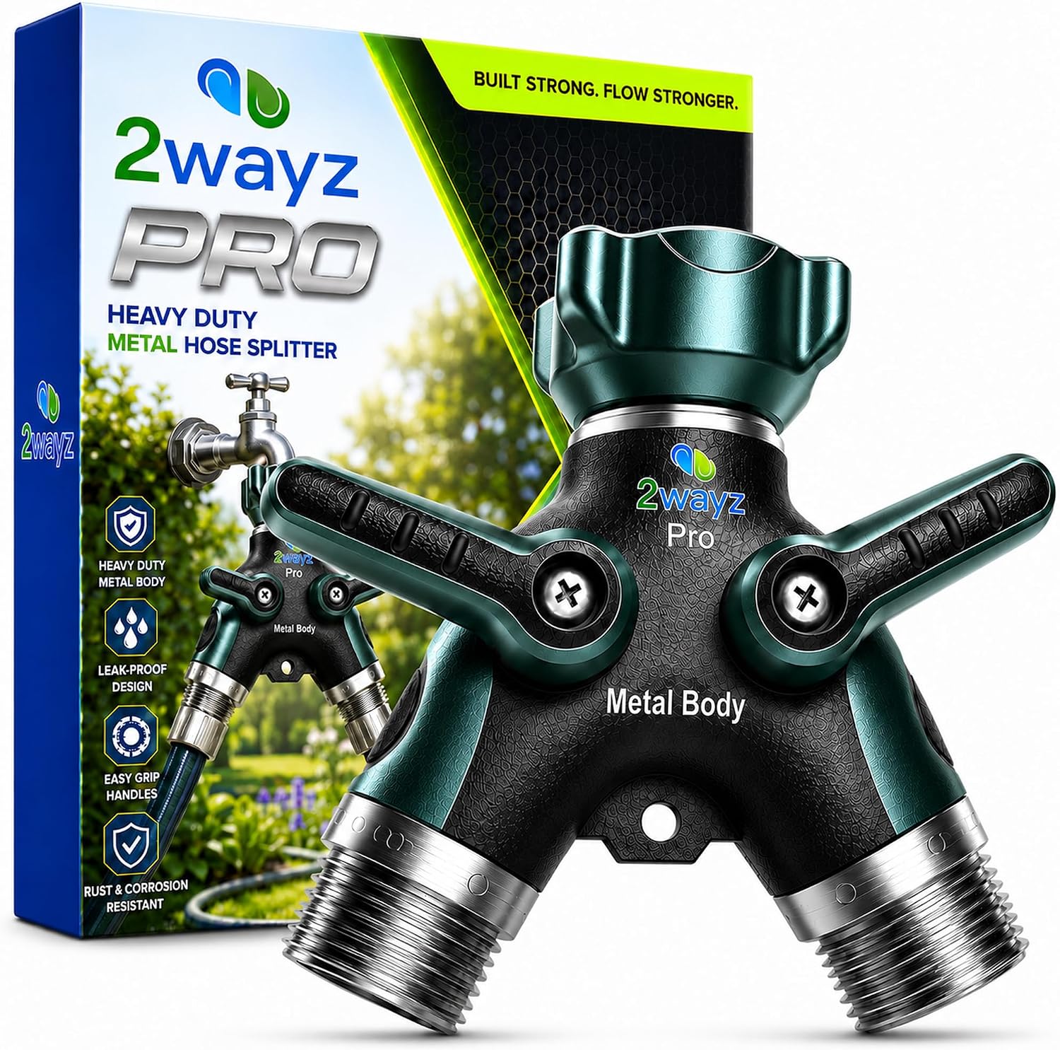 Hose Splitter 2 Way Heavy Duty Outdoor Faucet and Garden Connector - Water Spigot Splitter - Durable All-Metal Y Adapter with Shut-Off Valve - 4 x 4 x 1.5 Inches