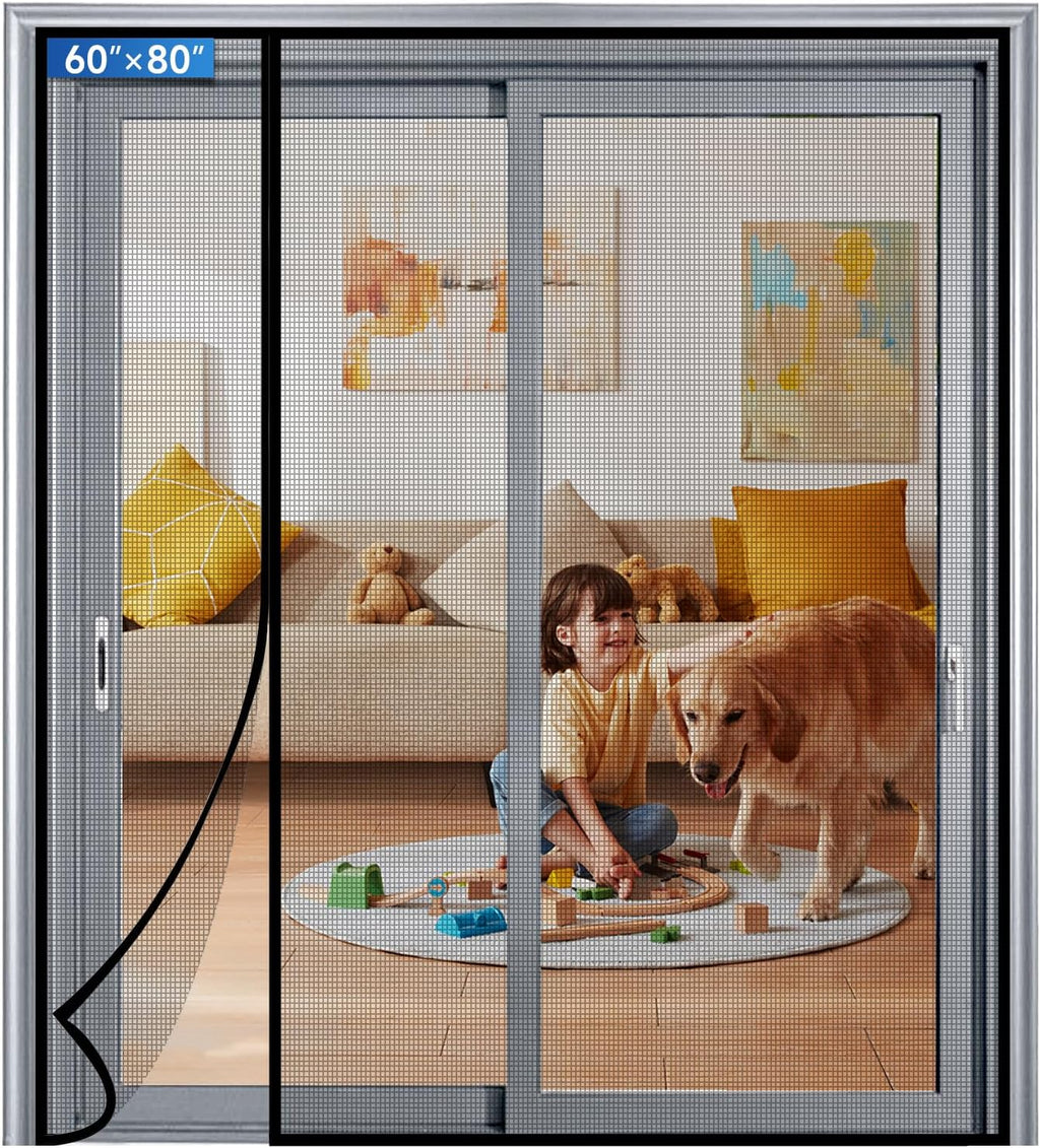LONGEAS Magnetic Screen Door Left Right Side Opening Upgraded PET Mesh Greater Than Fiberglass and Polyester,Keep Bugs Out,Pet & Kid Friendly,Suitable for Sliding Doors,Patio French Doors-60" X 80"