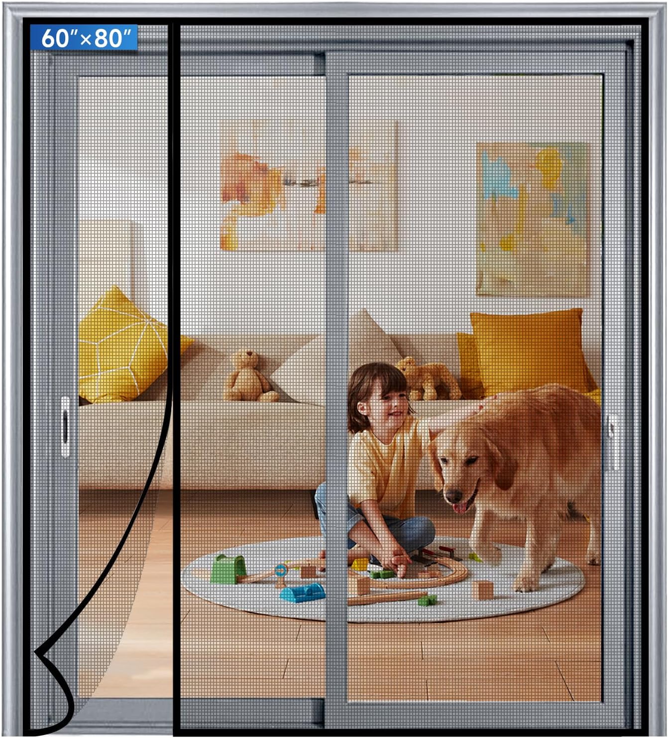 LONGEAS Magnetic Screen Door Left Right Side Opening Upgraded PET Mesh Greater Than Fiberglass and Polyester,Keep Bugs Out,Pet & Kid Friendly,Suitable for Sliding Doors,Patio French Doors-60" X 80"